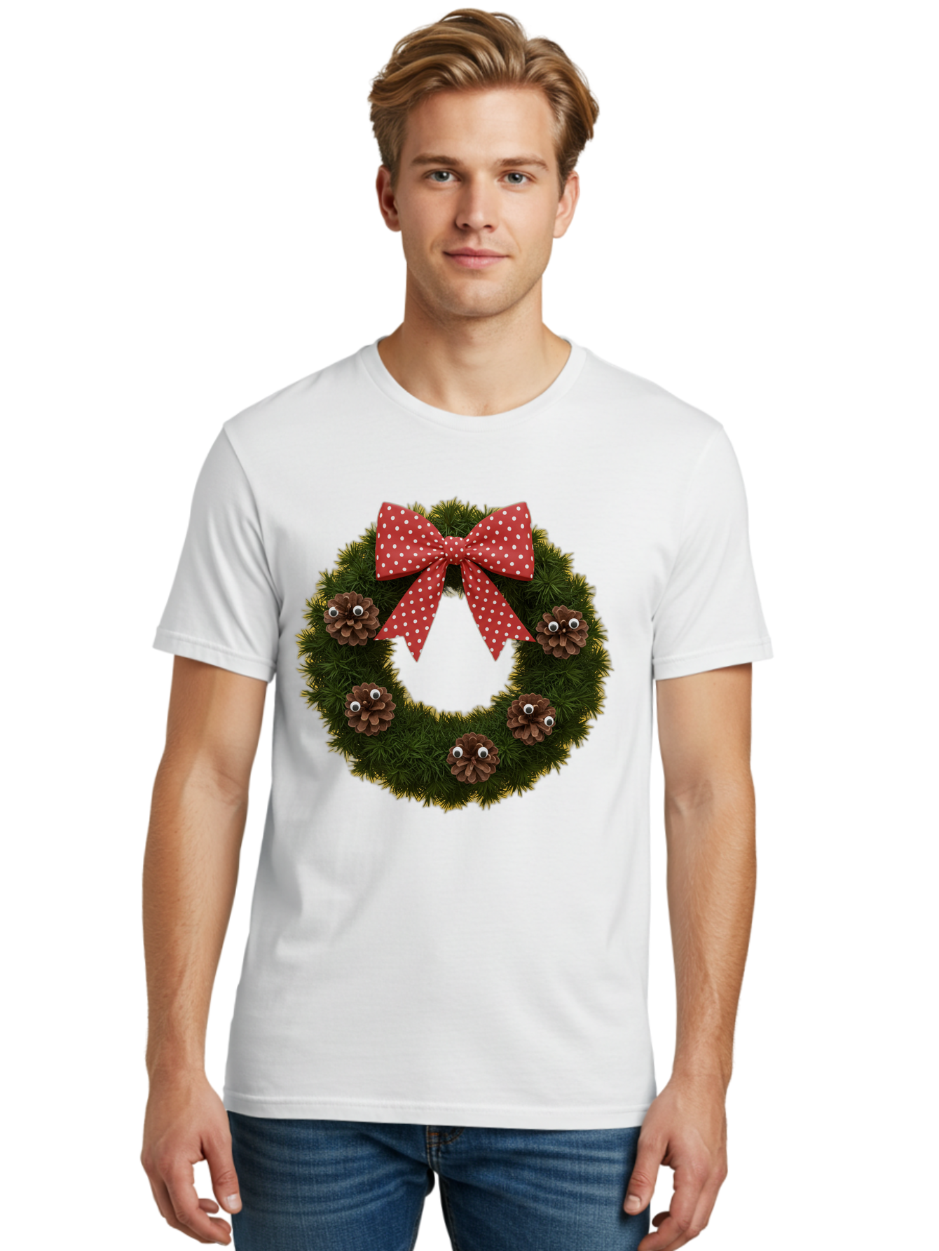 Pinecone-Wreath Men'S Graphic Tee, 100% Cotton, Comfortable Casual Summer Wear, Machine Washable, Christmas Wreath With Pinecones, Red Bow, White Polka Dots, Holiday Decoration, Festive Decor, Christmas Tree Branches, Bac246