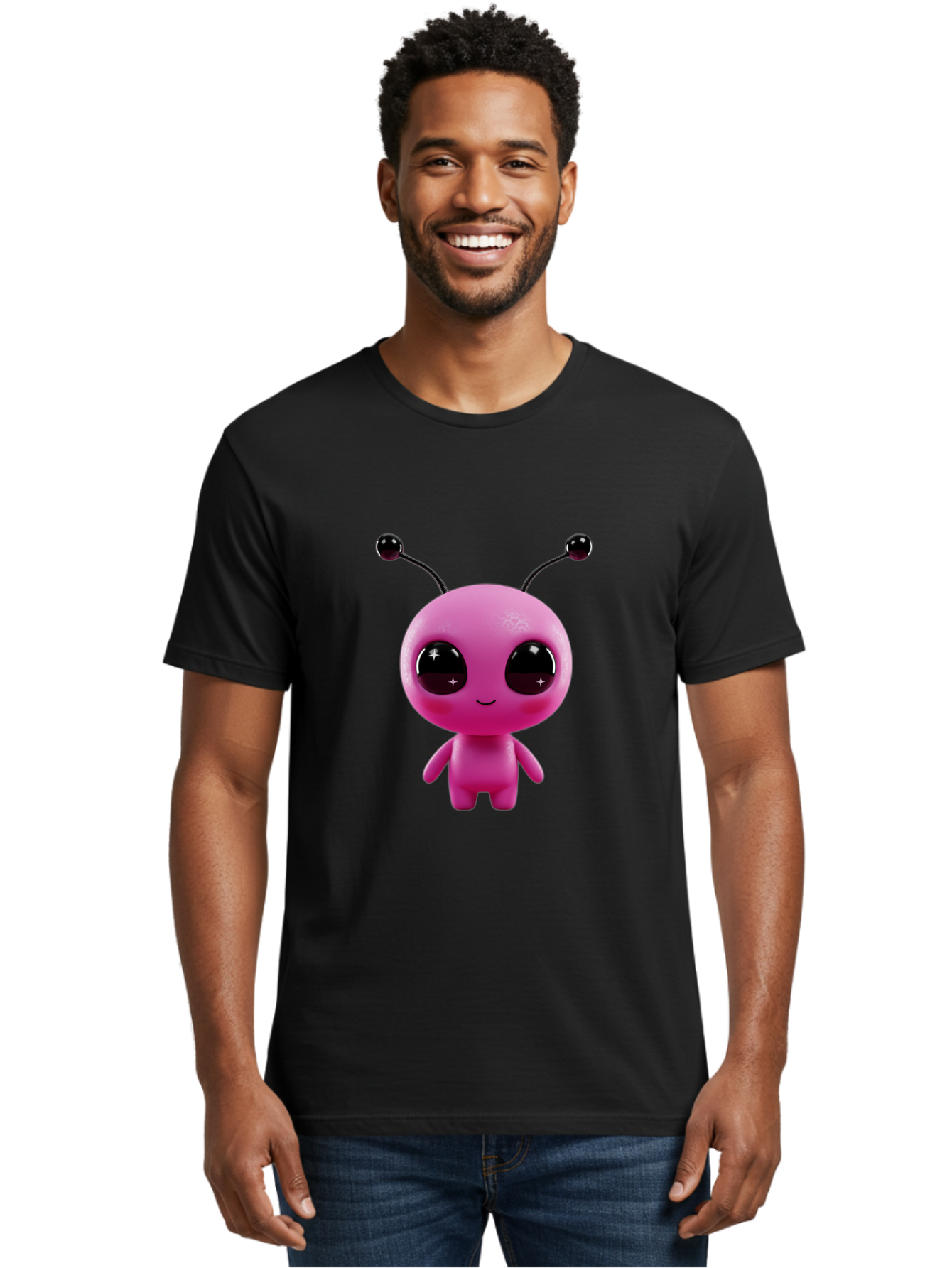 Pink-Alien Men'S Graphic Tee, 100% Cotton, Comfortable Casual Summer Wear, Machine Washable, Pink Alien Character, Cartoon Alien, Alien Figure, Cute Extraterrestrial, Adorable Cartoon Character, 3D Render, Shiny Eyes, Smiling Face, Bac247