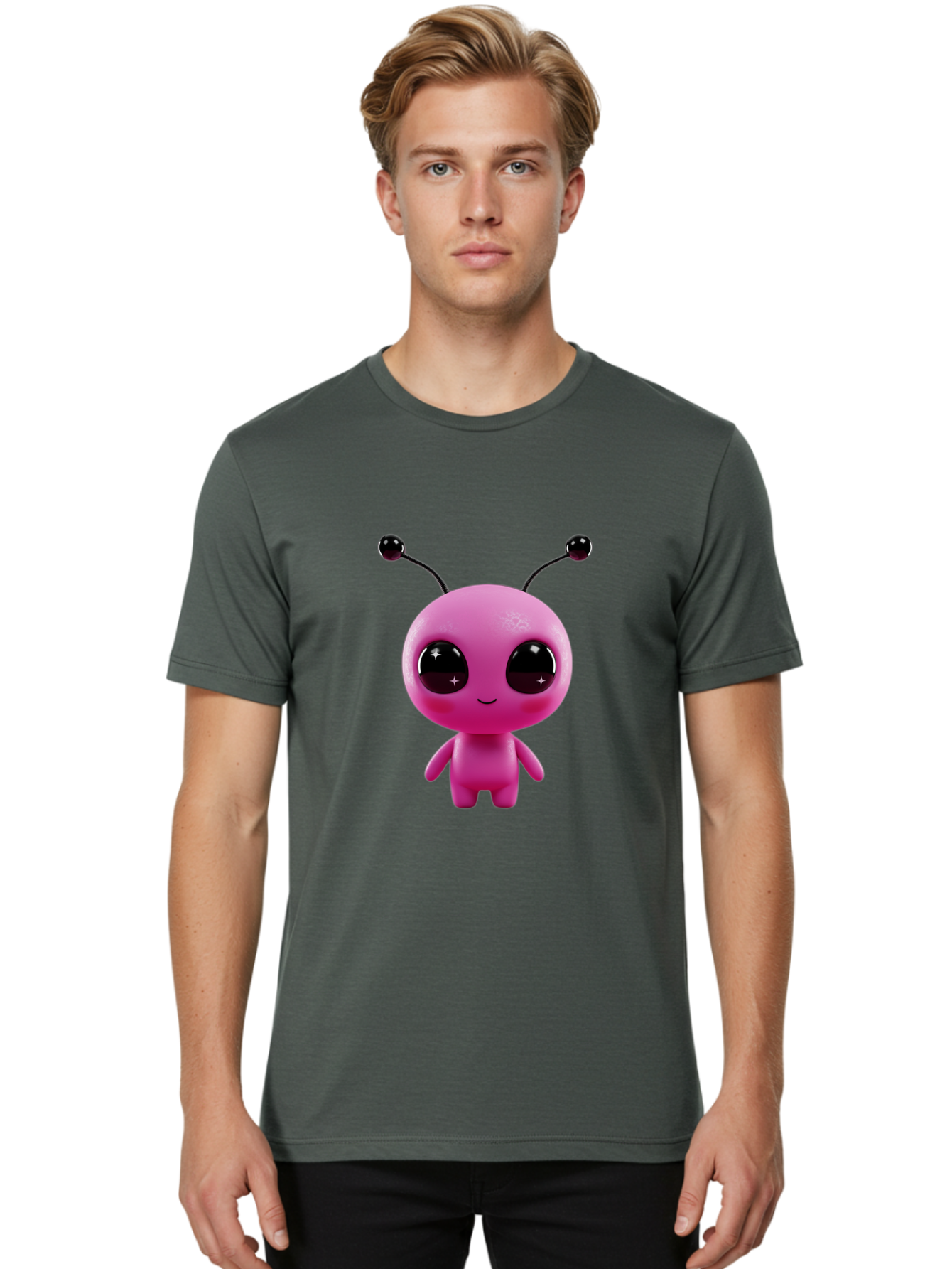 Pink-Alien Men'S Graphic Tee, 100% Cotton, Comfortable Casual Summer Wear, Machine Washable, Pink Alien Character, Cartoon Alien, Alien Figure, Cute Extraterrestrial, Adorable Cartoon Character, 3D Render, Shiny Eyes, Smiling Face, Bac247
