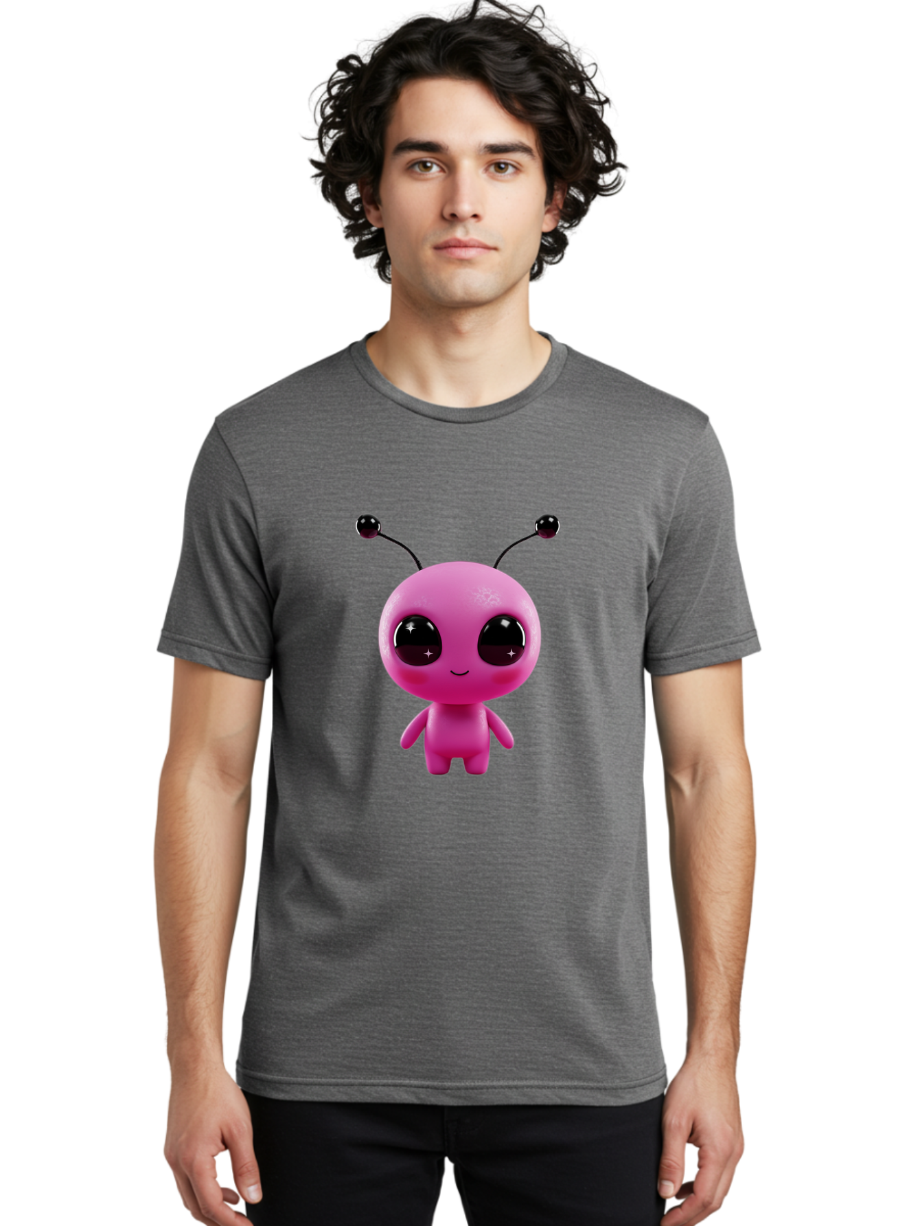 Pink-Alien Men'S Graphic Tee, 100% Cotton, Comfortable Casual Summer Wear, Machine Washable, Pink Alien Character, Cartoon Alien, Alien Figure, Cute Extraterrestrial, Adorable Cartoon Character, 3D Render, Shiny Eyes, Smiling Face, Bac247