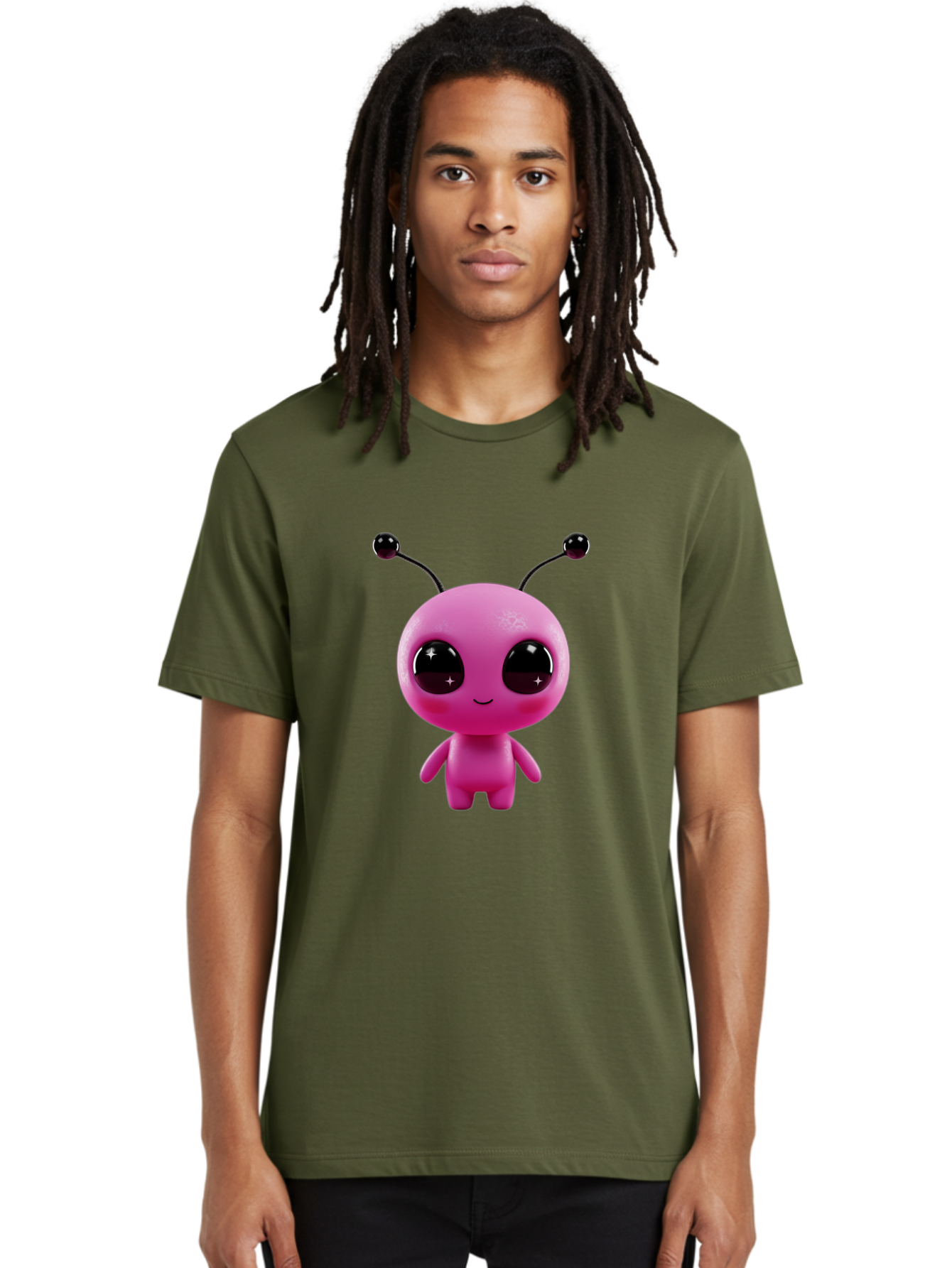 Pink-Alien Men'S Graphic Tee, 100% Cotton, Comfortable Casual Summer Wear, Machine Washable, Pink Alien Character, Cartoon Alien, Alien Figure, Cute Extraterrestrial, Adorable Cartoon Character, 3D Render, Shiny Eyes, Smiling Face, Bac247