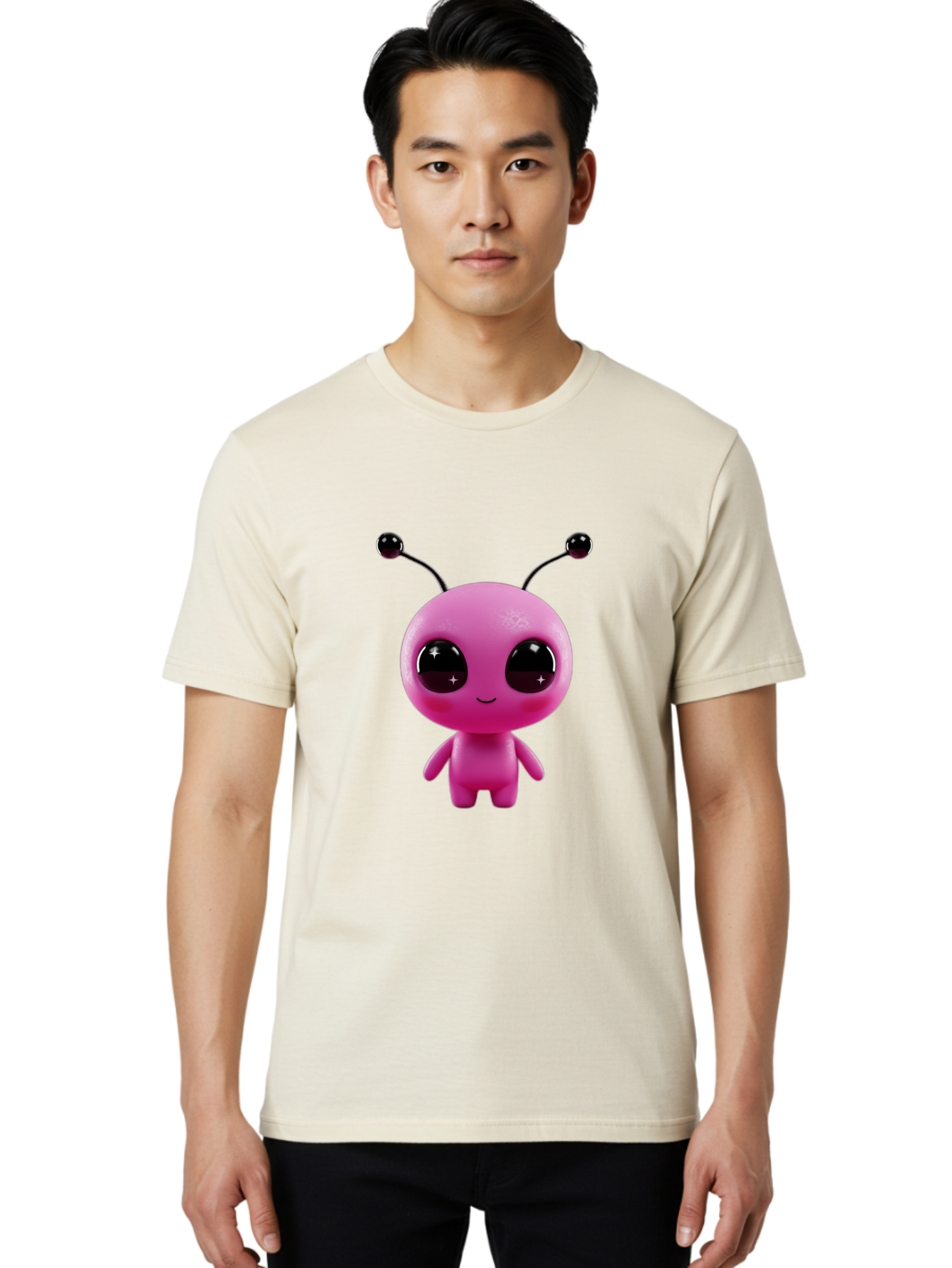 Pink-Alien Men'S Graphic Tee, 100% Cotton, Comfortable Casual Summer Wear, Machine Washable, Pink Alien Character, Cartoon Alien, Alien Figure, Cute Extraterrestrial, Adorable Cartoon Character, 3D Render, Shiny Eyes, Smiling Face, Bac247