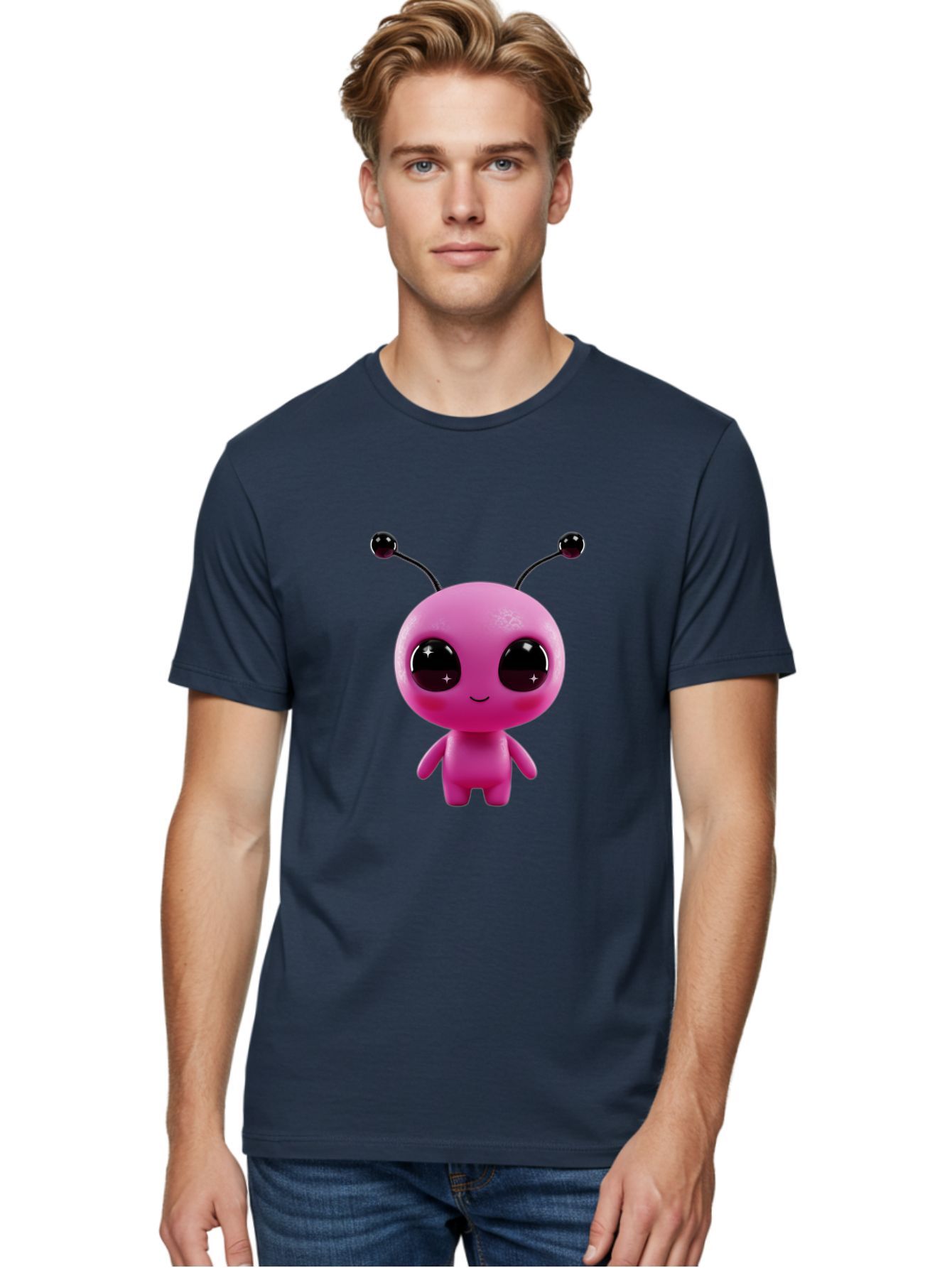 Pink-Alien Men'S Graphic Tee, 100% Cotton, Comfortable Casual Summer Wear, Machine Washable, Pink Alien Character, Cartoon Alien, Alien Figure, Cute Extraterrestrial, Adorable Cartoon Character, 3D Render, Shiny Eyes, Smiling Face, Bac247