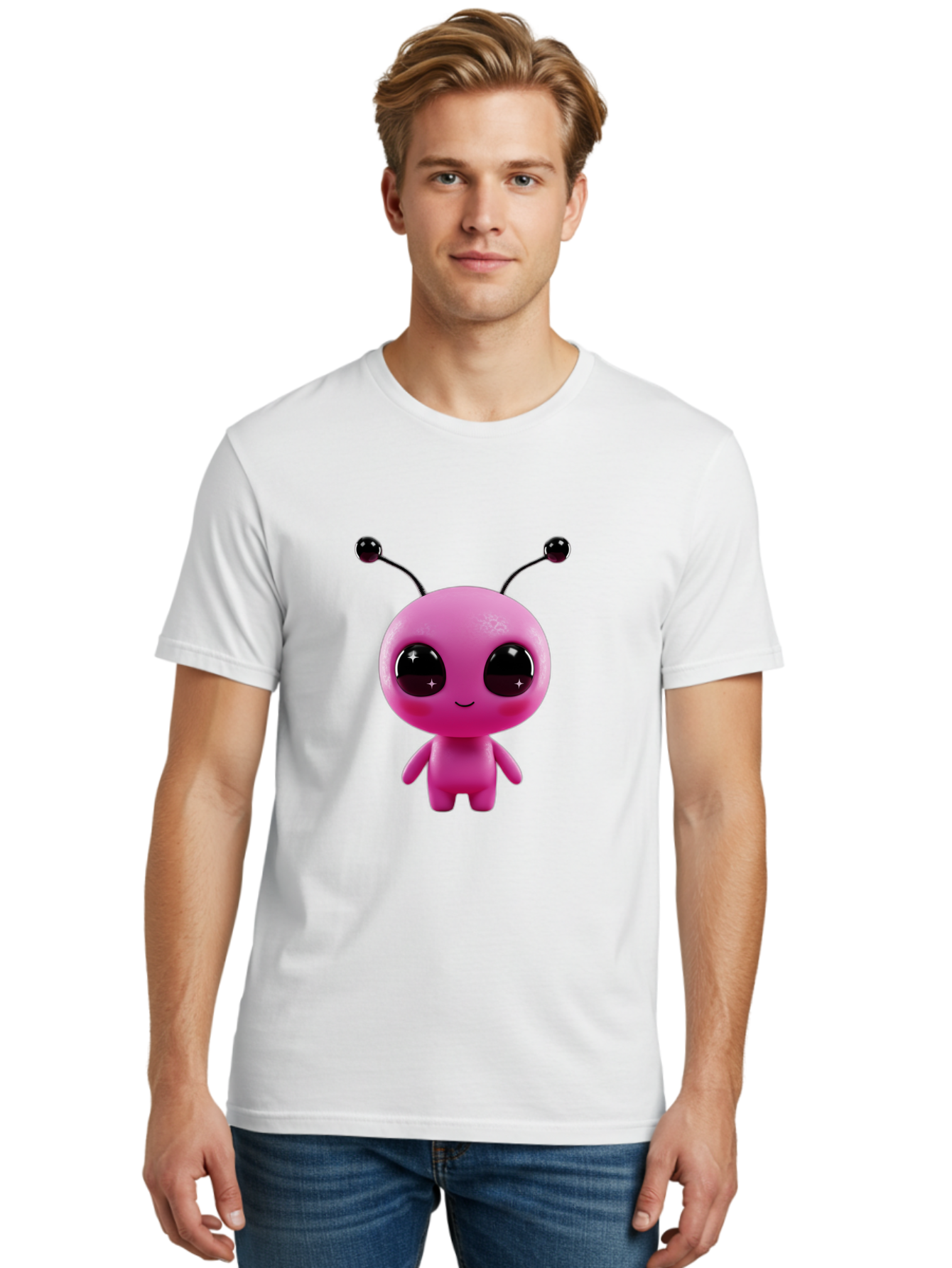 Pink-Alien Men'S Graphic Tee, 100% Cotton, Comfortable Casual Summer Wear, Machine Washable, Pink Alien Character, Cartoon Alien, Alien Figure, Cute Extraterrestrial, Adorable Cartoon Character, 3D Render, Shiny Eyes, Smiling Face, Bac247
