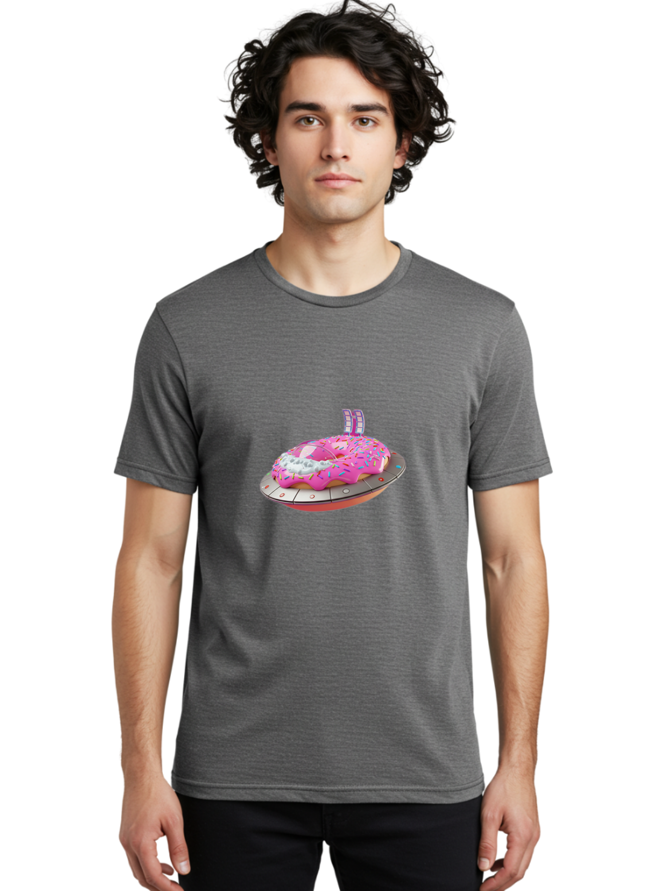 Pink-Donut-Ufo Men'S Graphic Tee, 100% Cotton, Comfortable Casual Summer Wear, Machine Washable, Donut On A Ufo, Pink Frosted Donut, Sprinkles, Digital Art, Futuristic Design, Sweet Treats, Dessert Art, Colorful Graphics, 3D Modeling, Bac249