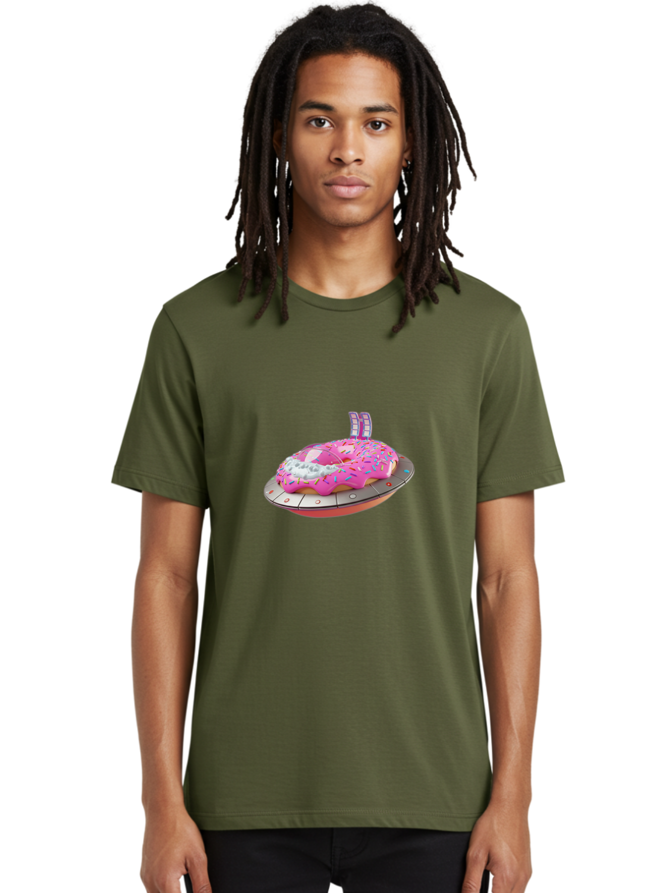Pink-Donut-Ufo Men'S Graphic Tee, 100% Cotton, Comfortable Casual Summer Wear, Machine Washable, Donut On A Ufo, Pink Frosted Donut, Sprinkles, Digital Art, Futuristic Design, Sweet Treats, Dessert Art, Colorful Graphics, 3D Modeling, Bac249