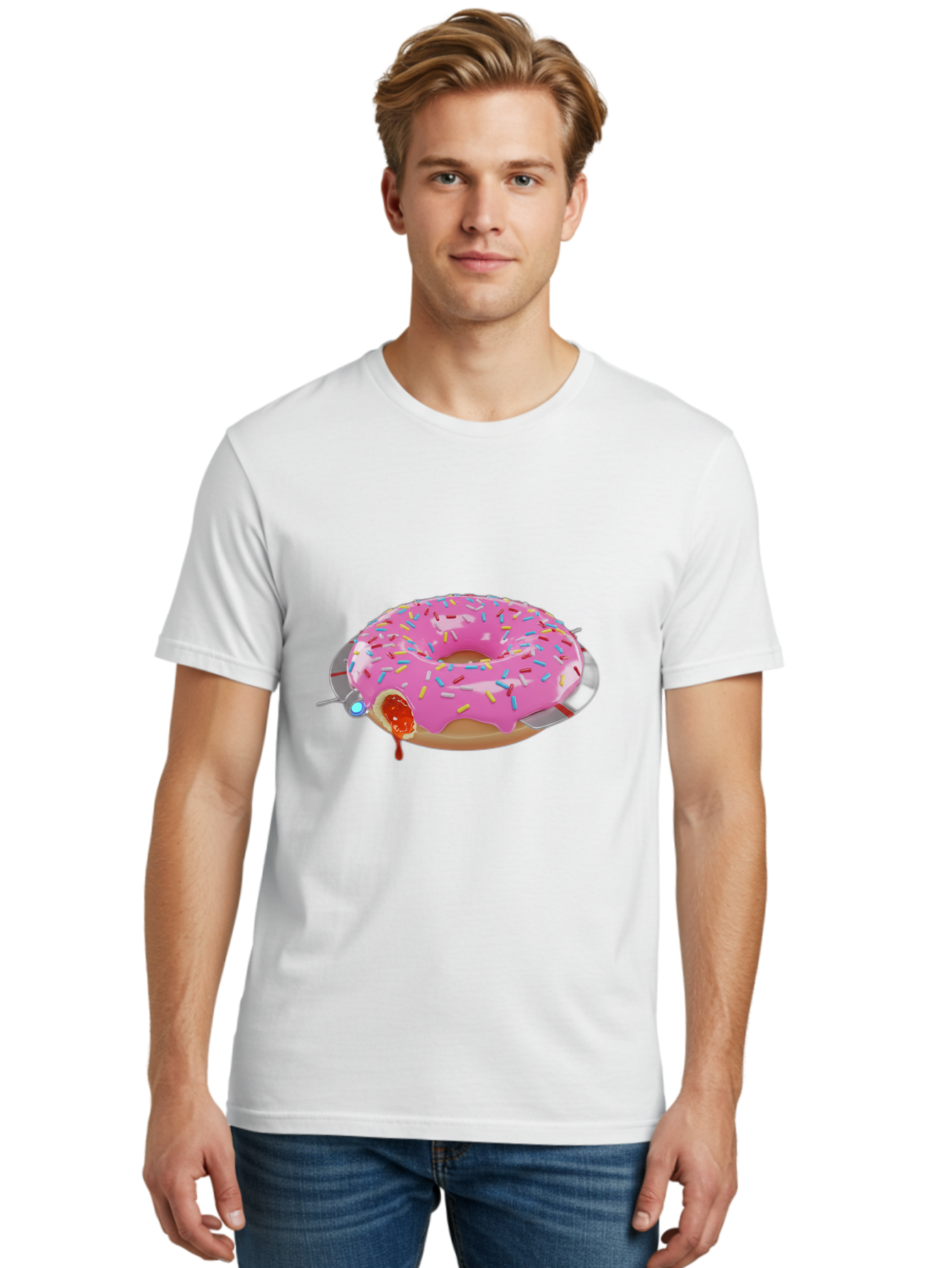 Pink-Frosted-Donut-1 Men'S Graphic Tee, 100% Cotton, Comfortable Casual Summer Wear, Machine Washable, Pink Frosted Donut, Jelly-Filled Donut, Sprinkles On Donut, Sweet Treat, Colorful Dessert, Donut With Jelly Filling, Tasty Pastry, Bac250