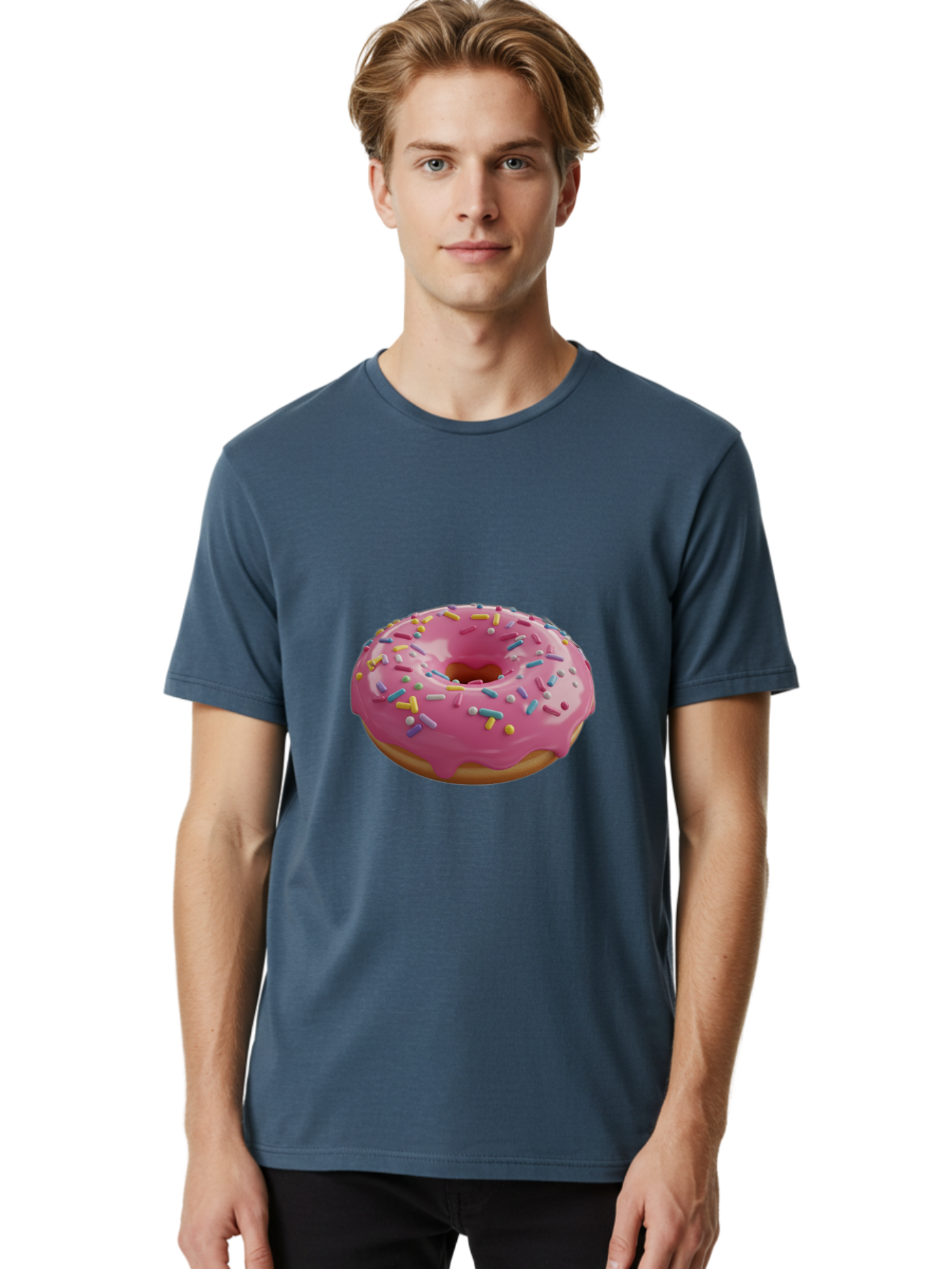 Pink-Frosted-Donut Men'S Graphic Tee, 100% Cotton, Comfortable Casual Summer Wear, Machine Washable, Pink Donut, Colorful Sprinkles, Sweet Treats, Glazed Donut, Bakery Delights, Doughnut, Tasty, Frosted, Sprinkles, Dessert Bac251