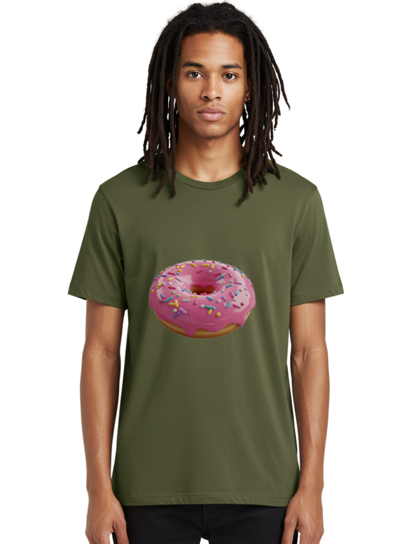 Pink-Frosted-Donut Men'S Graphic Tee, 100% Cotton, Comfortable Casual Summer Wear, Machine Washable, Pink Donut, Colorful Sprinkles, Sweet Treats, Glazed Donut, Bakery Delights, Doughnut, Tasty, Frosted, Sprinkles, Dessert Bac251