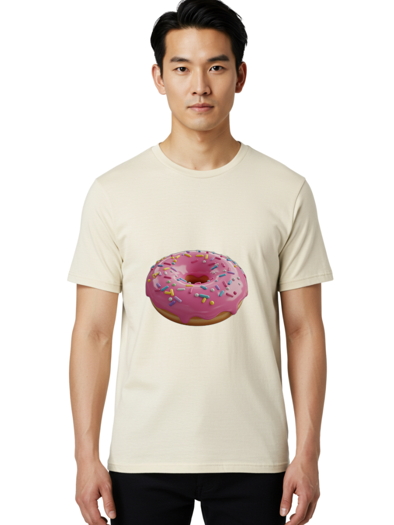 Pink-Frosted-Donut Men'S Graphic Tee, 100% Cotton, Comfortable Casual Summer Wear, Machine Washable, Pink Donut, Colorful Sprinkles, Sweet Treats, Glazed Donut, Bakery Delights, Doughnut, Tasty, Frosted, Sprinkles, Dessert Bac251
