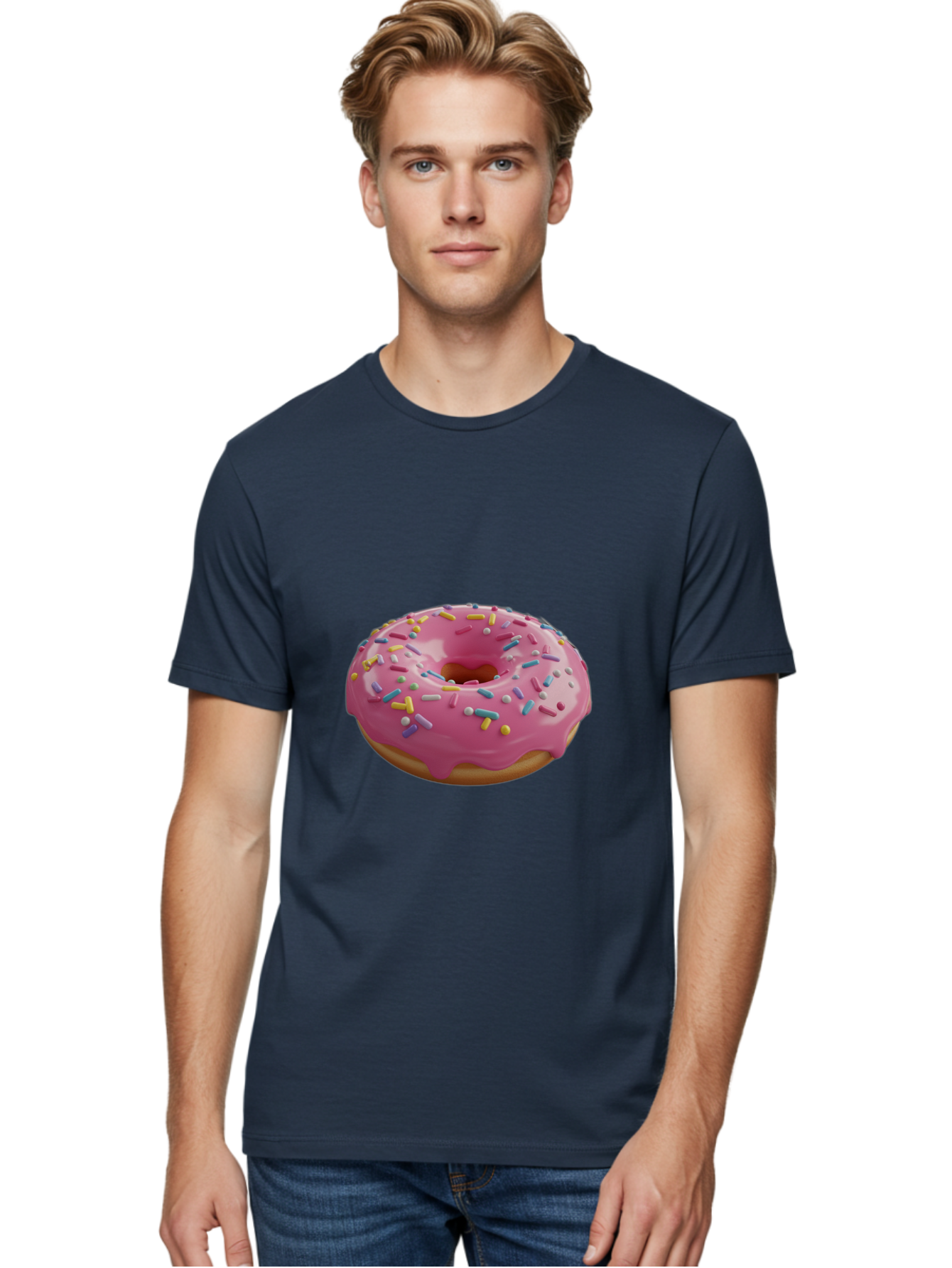 Pink-Frosted-Donut Men'S Graphic Tee, 100% Cotton, Comfortable Casual Summer Wear, Machine Washable, Pink Donut, Colorful Sprinkles, Sweet Treats, Glazed Donut, Bakery Delights, Doughnut, Tasty, Frosted, Sprinkles, Dessert Bac251
