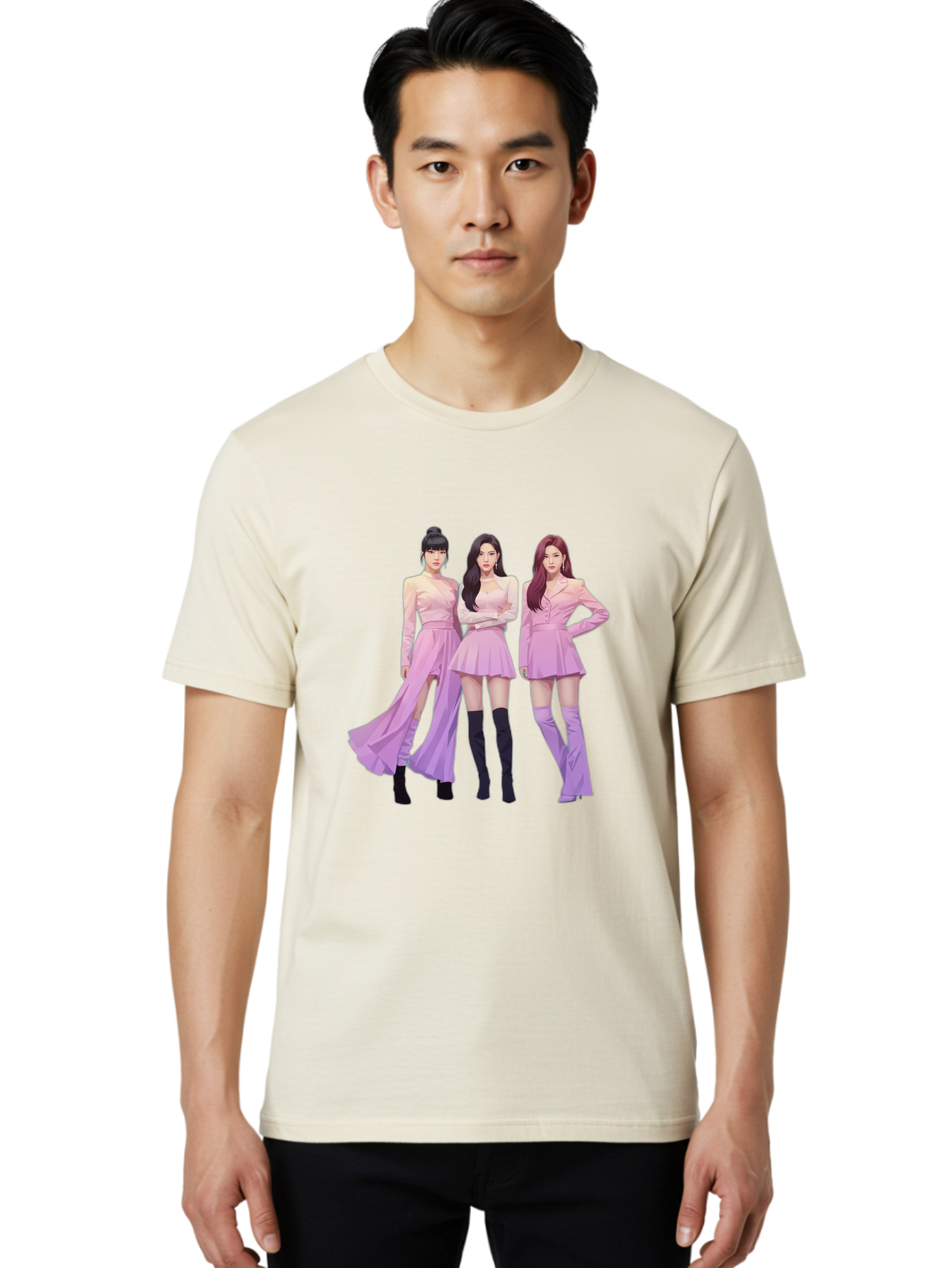 Pink-Ladies Men'S Graphic Tee, 100% Cotton, Comfortable Casual Summer Wear, Machine Washable, K-Pop Group, Female Idols, Pastel Pink Outfits, Elegant Attire, Flowing Dresses, Long Boots, Fashion Icons, Group Pose, Confident Stance, Bac252