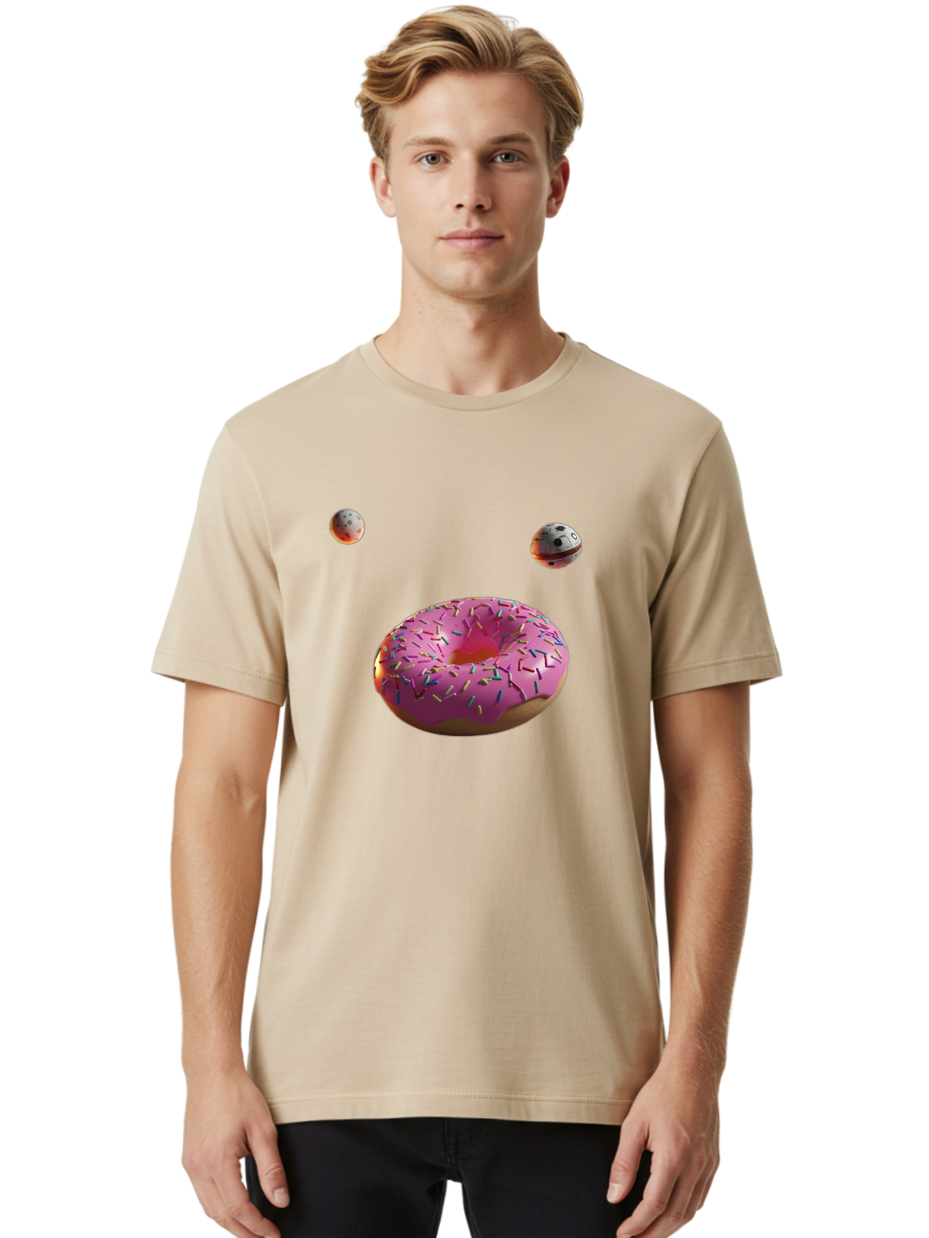 Pink-Sprinkles-Donut Men'S Graphic Tee, 100% Cotton, Comfortable Casual Summer Wear, Machine Washable, Pink Frosted Donut, Sprinkles, Baked Goods, Tasty Treats, Glazed Donuts, Sweet Indulgences, Dessert Delights, Colorful Sweets Bac254