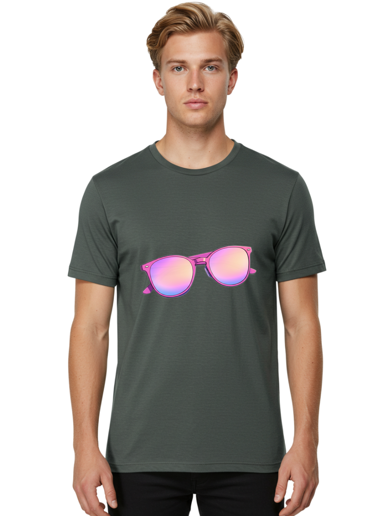 Pink-Sunglasses Men'S Graphic Tee, 100% Cotton, Comfortable Casual Summer Wear, Machine Washable, Pink Sunglasses, Pastel Shades, Rainbow Lenses, Cool Accessories, Fashion Trends, Trendy Eyewear, Stylish Shades Bac255