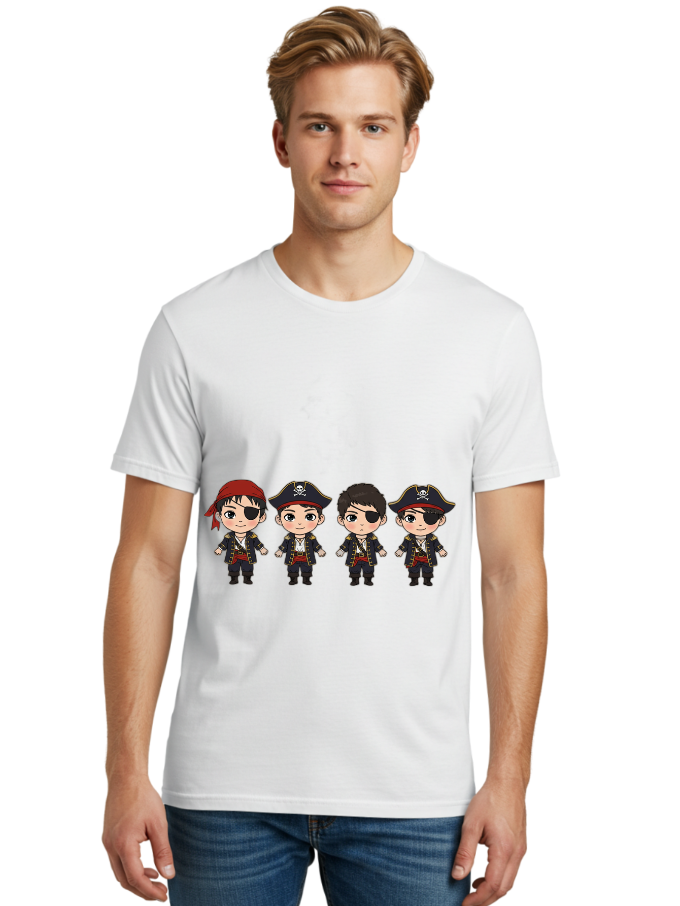 Pirate-Characters Men'S Graphic Tee, 100% Cotton, Comfortable Casual Summer Wear, Machine Washable, Cartoon Pirate Boys, Pirate Costumes, Eye Patches, Pirate Hats, Skull And Crossbones, Pirate Fashion, Kawaii Pirates, Pirate Accessories, Bac257