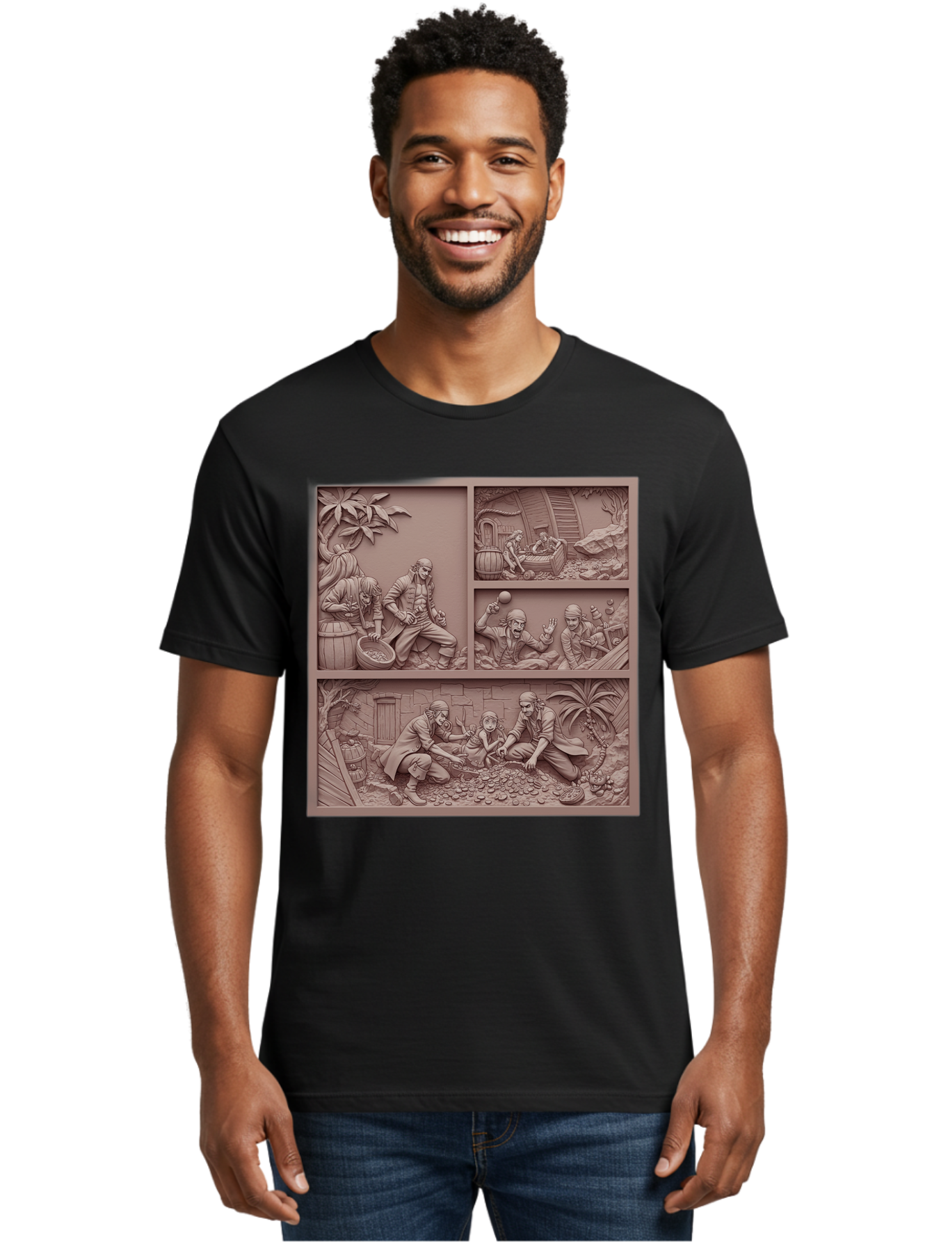 Pirates-Searching-For-Treasure Men'S Graphic Tee, 100% Cotton, Comfortable Casual Summer Wear, Machine Washable, Pirate Scene, Pirate Treasure, Pirate Life, Pirate Adventure, Pirate Loot, Pirate Gold, Buried Treasure, Pirate Theme, Bac258