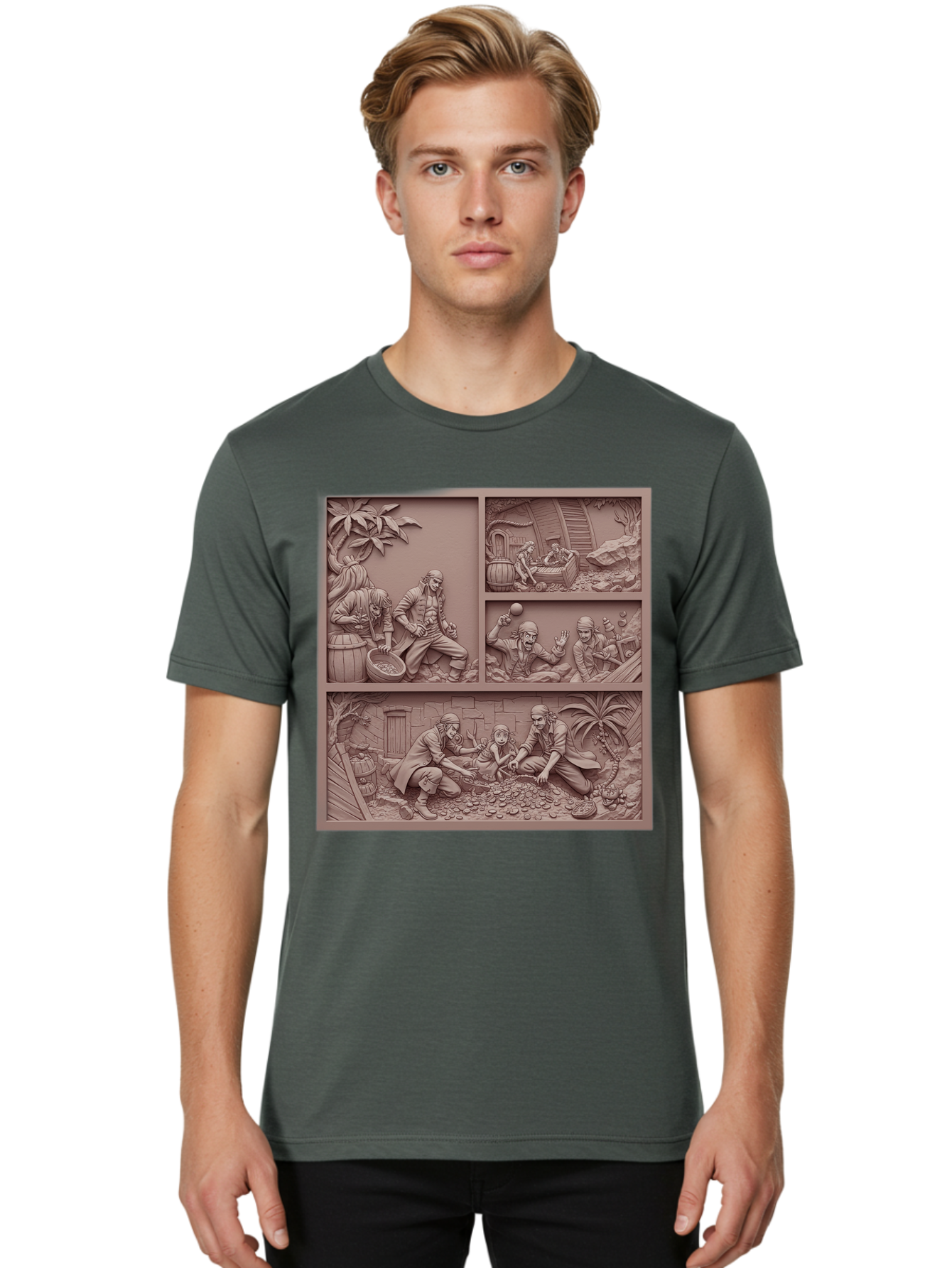 Pirates-Searching-For-Treasure Men'S Graphic Tee, 100% Cotton, Comfortable Casual Summer Wear, Machine Washable, Pirate Scene, Pirate Treasure, Pirate Life, Pirate Adventure, Pirate Loot, Pirate Gold, Buried Treasure, Pirate Theme, Bac258