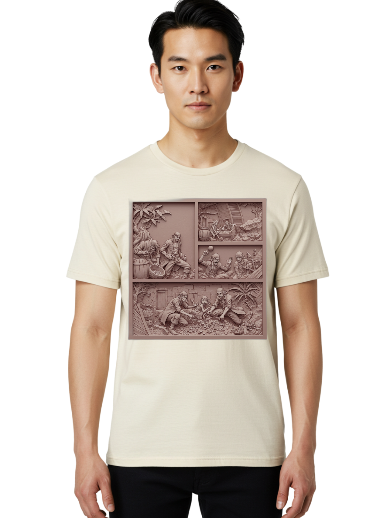 Pirates-Searching-For-Treasure Men'S Graphic Tee, 100% Cotton, Comfortable Casual Summer Wear, Machine Washable, Pirate Scene, Pirate Treasure, Pirate Life, Pirate Adventure, Pirate Loot, Pirate Gold, Buried Treasure, Pirate Theme, Bac258