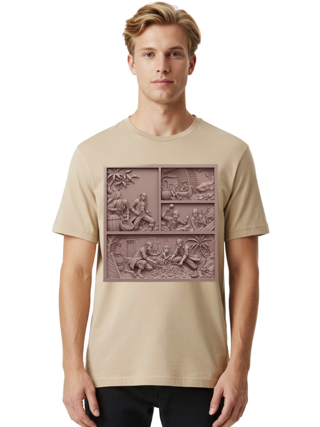 Pirates-Searching-For-Treasure Men'S Graphic Tee, 100% Cotton, Comfortable Casual Summer Wear, Machine Washable, Pirate Scene, Pirate Treasure, Pirate Life, Pirate Adventure, Pirate Loot, Pirate Gold, Buried Treasure, Pirate Theme, Bac258