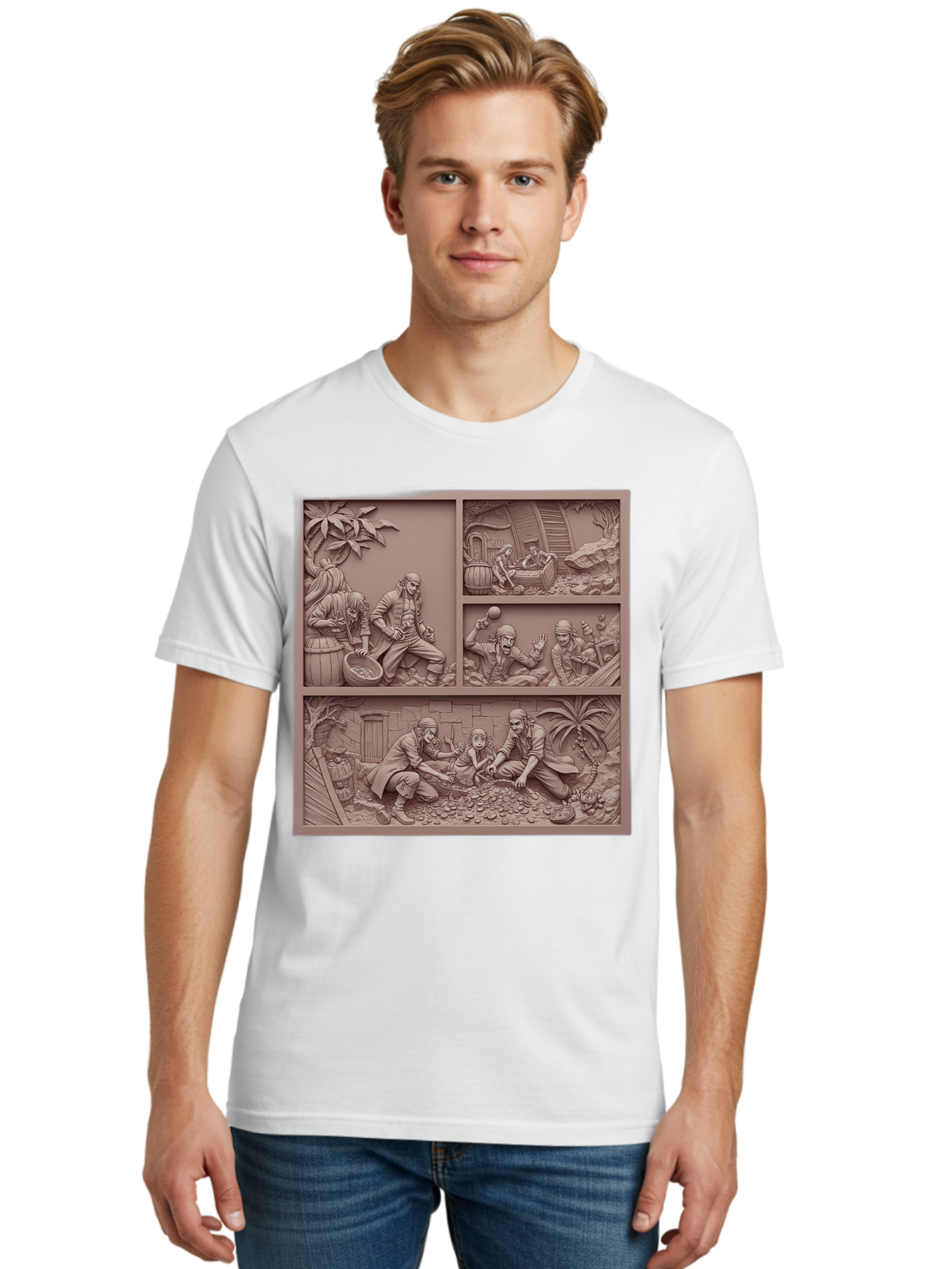 Pirates-Searching-For-Treasure Men'S Graphic Tee, 100% Cotton, Comfortable Casual Summer Wear, Machine Washable, Pirate Scene, Pirate Treasure, Pirate Life, Pirate Adventure, Pirate Loot, Pirate Gold, Buried Treasure, Pirate Theme, Bac258