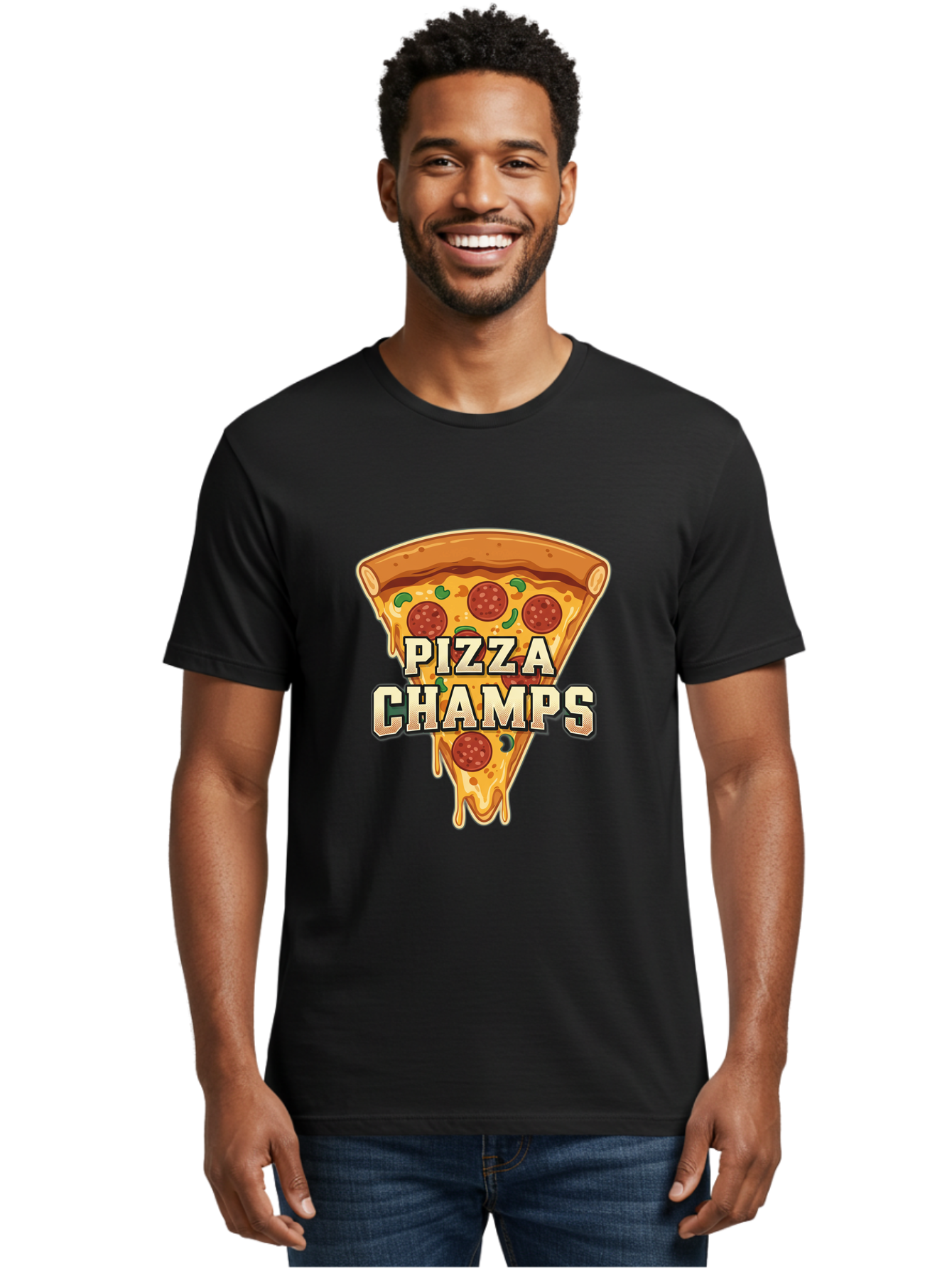 Pizza-Champs Men'S Graphic Tee, 100% Cotton, Comfortable Casual Summer Wear, Machine Washable, Pepperoni Pizza Slice, Cheese Stretch, Pizza Toppings, Italian Food, Pizza Champions, Gaming Logo, Cartoon Style, Appetizing Pizza, Cheesy Pizza, Bac261