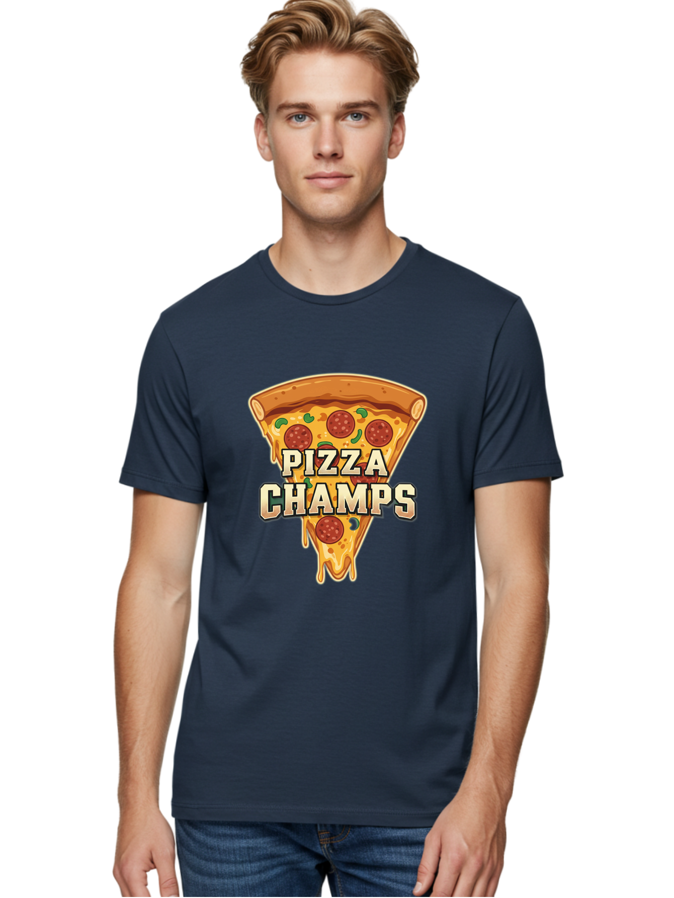 Pizza-Champs Men'S Graphic Tee, 100% Cotton, Comfortable Casual Summer Wear, Machine Washable, Pepperoni Pizza Slice, Cheese Stretch, Pizza Toppings, Italian Food, Pizza Champions, Gaming Logo, Cartoon Style, Appetizing Pizza, Cheesy Pizza, Bac261