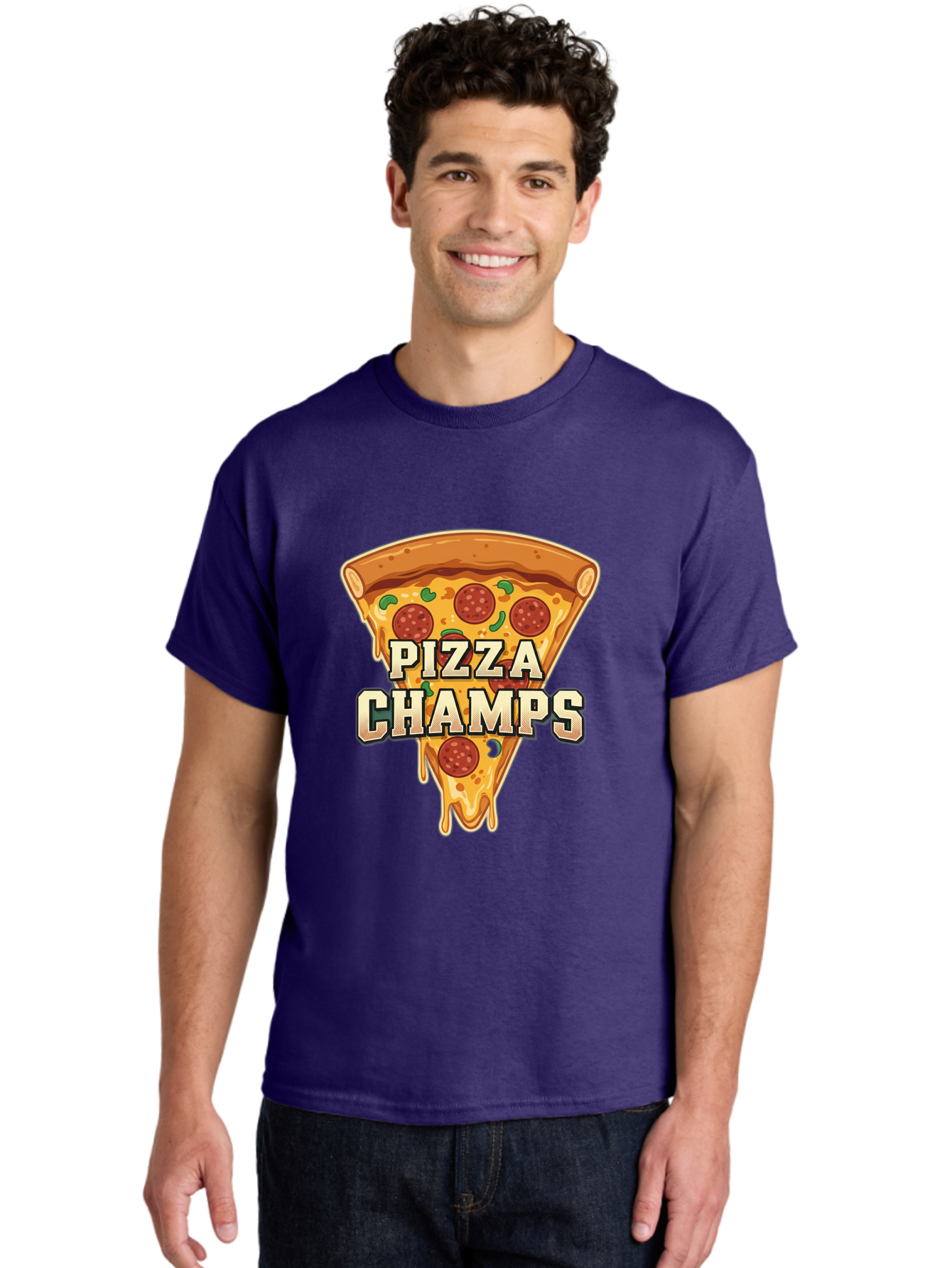 Pizza-Champs Men'S Graphic Tee, 100% Cotton, Comfortable Casual Summer Wear, Machine Washable, Pepperoni Pizza Slice, Cheese Stretch, Pizza Toppings, Italian Food, Pizza Champions, Gaming Logo, Cartoon Style, Appetizing Pizza, Cheesy Pizza, Bac261