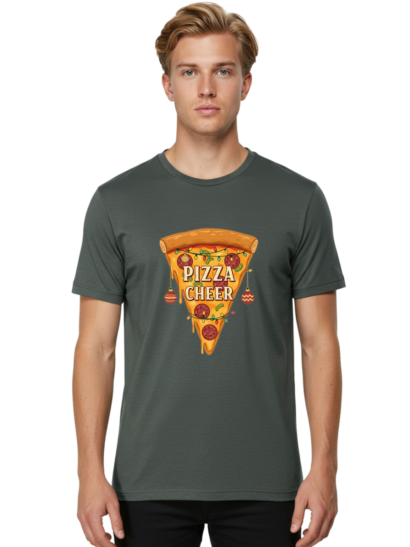 Pizza-Cheer Men'S Graphic Tee, 100% Cotton, Comfortable Casual Summer Wear, Machine Washable, Pizza Slice, Pepperoni Pizza, Christmas Decorations, Holiday Cheer, Festive Food, Delicious Pizza, Christmas Ornaments, Pizza Party, Merry Christmas Bac262