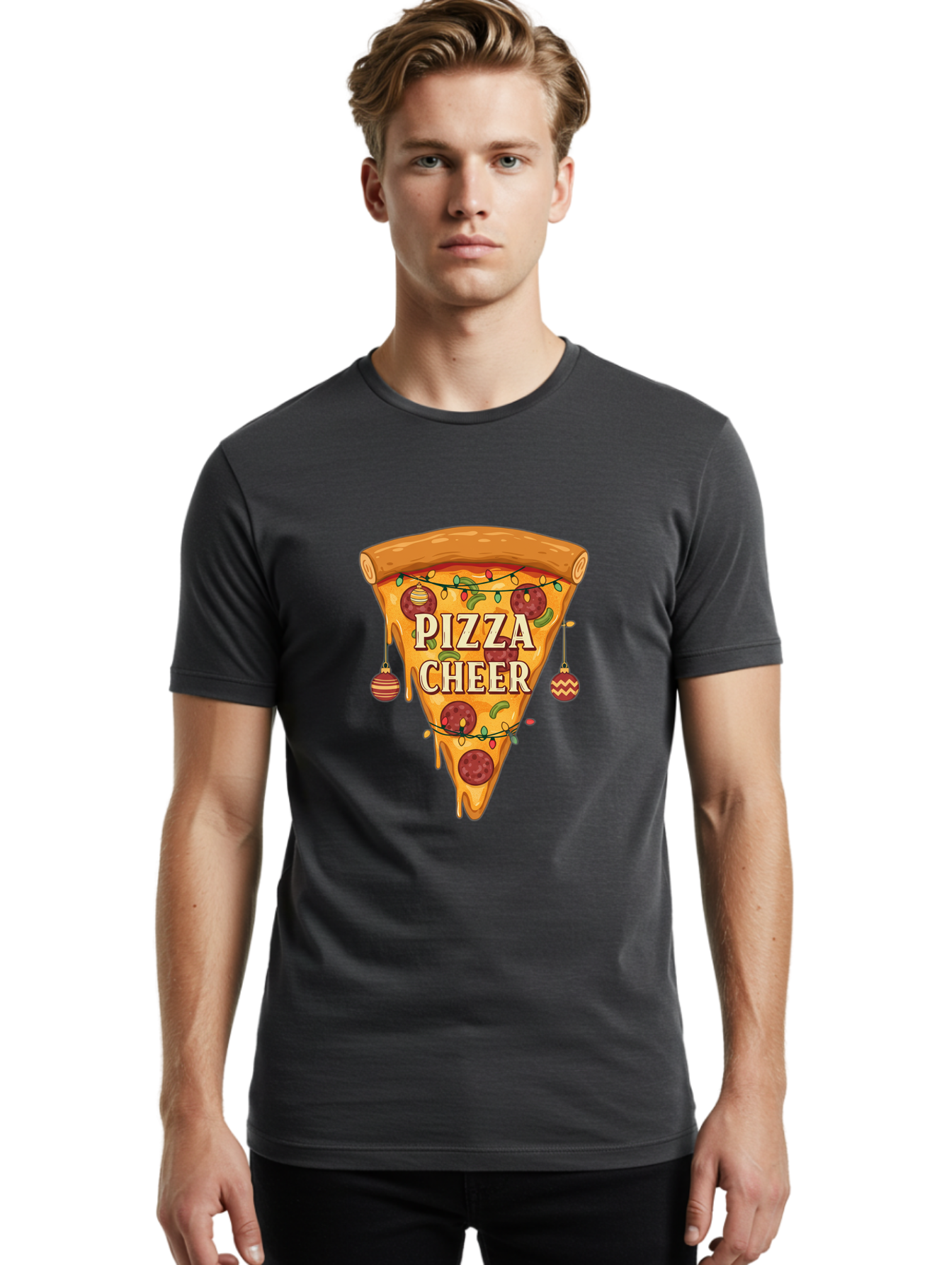 Pizza-Cheer Men'S Graphic Tee, 100% Cotton, Comfortable Casual Summer Wear, Machine Washable, Pizza Slice, Pepperoni Pizza, Christmas Decorations, Holiday Cheer, Festive Food, Delicious Pizza, Christmas Ornaments, Pizza Party, Merry Christmas Bac262
