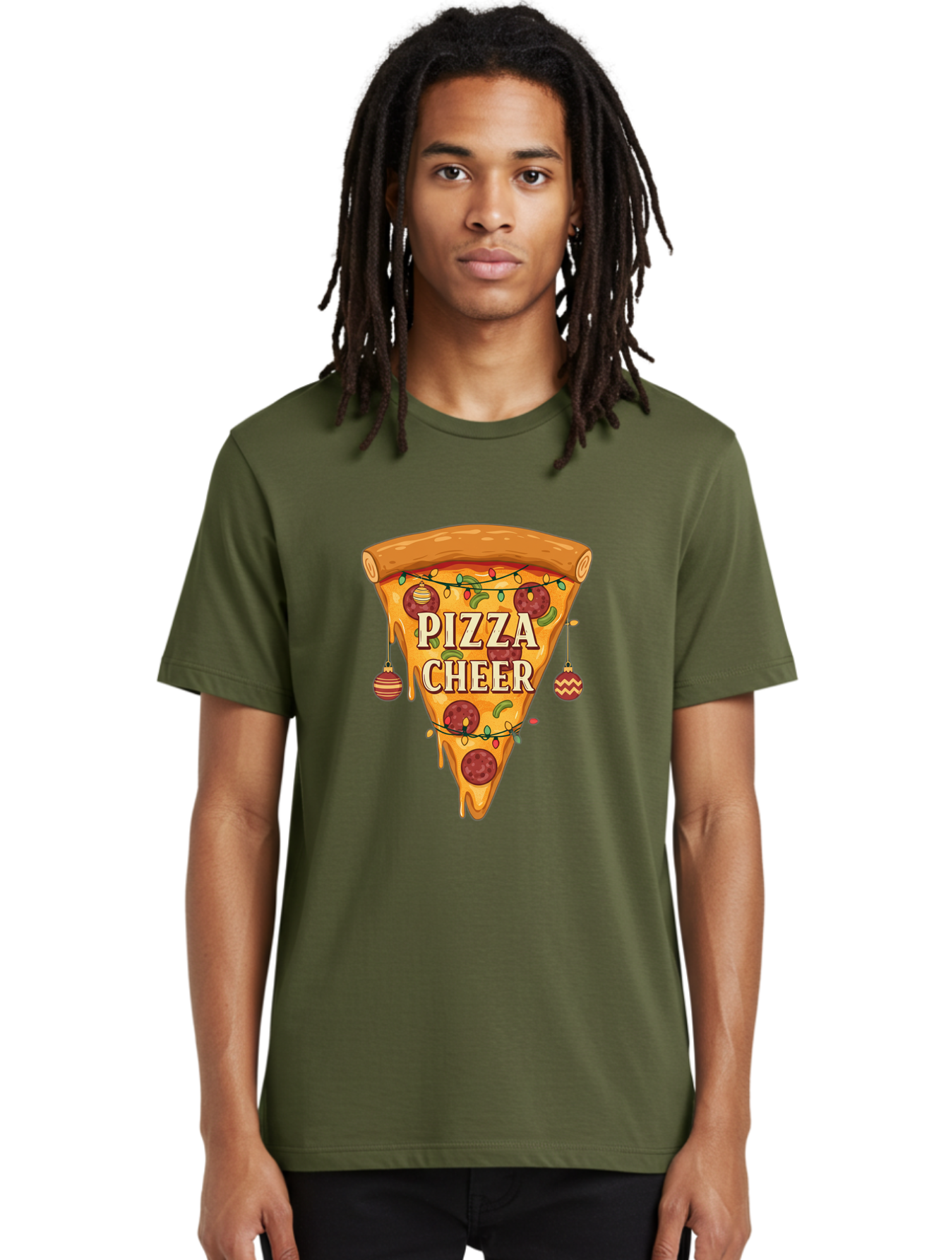 Pizza-Cheer Men'S Graphic Tee, 100% Cotton, Comfortable Casual Summer Wear, Machine Washable, Pizza Slice, Pepperoni Pizza, Christmas Decorations, Holiday Cheer, Festive Food, Delicious Pizza, Christmas Ornaments, Pizza Party, Merry Christmas Bac262