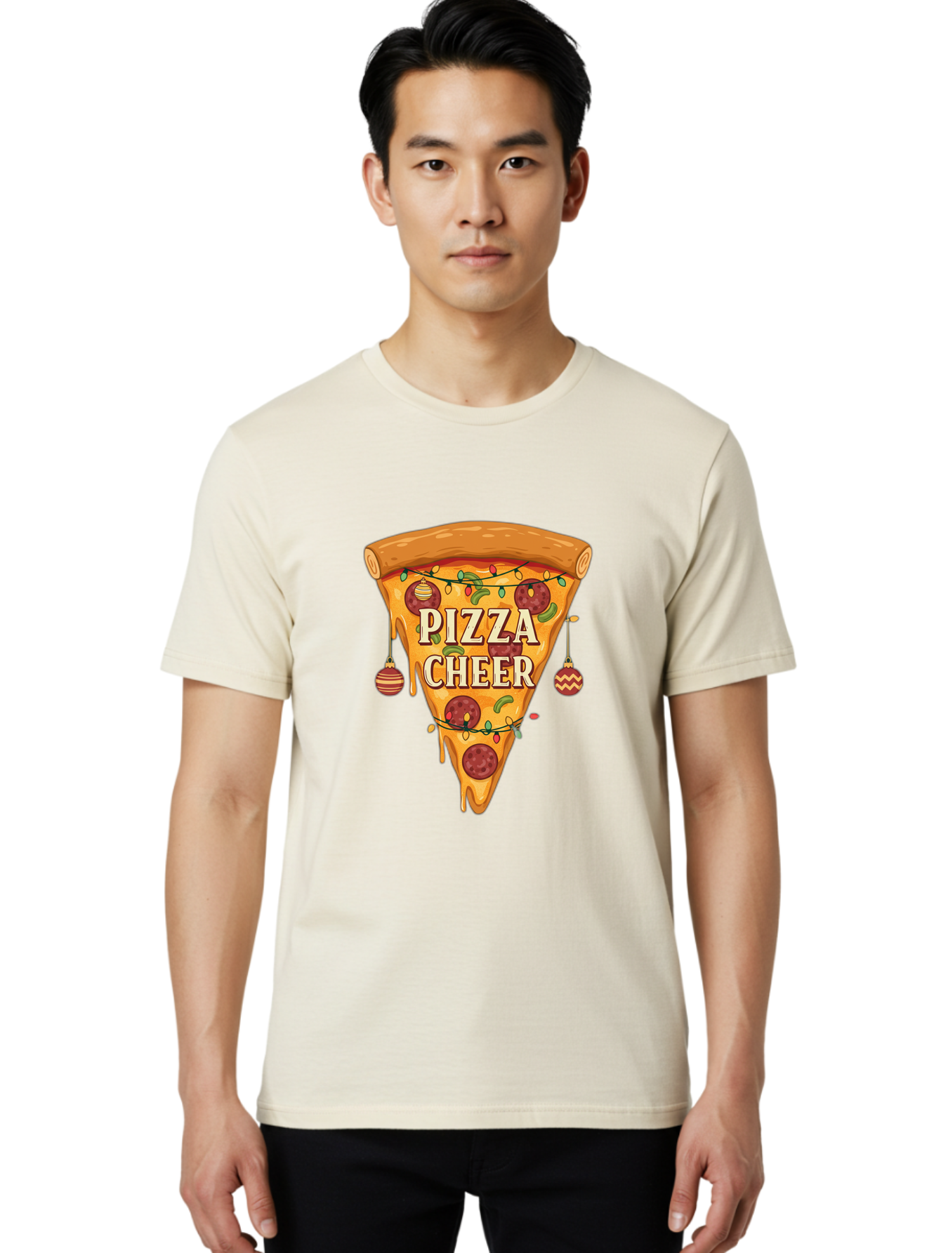 Pizza-Cheer Men'S Graphic Tee, 100% Cotton, Comfortable Casual Summer Wear, Machine Washable, Pizza Slice, Pepperoni Pizza, Christmas Decorations, Holiday Cheer, Festive Food, Delicious Pizza, Christmas Ornaments, Pizza Party, Merry Christmas Bac262