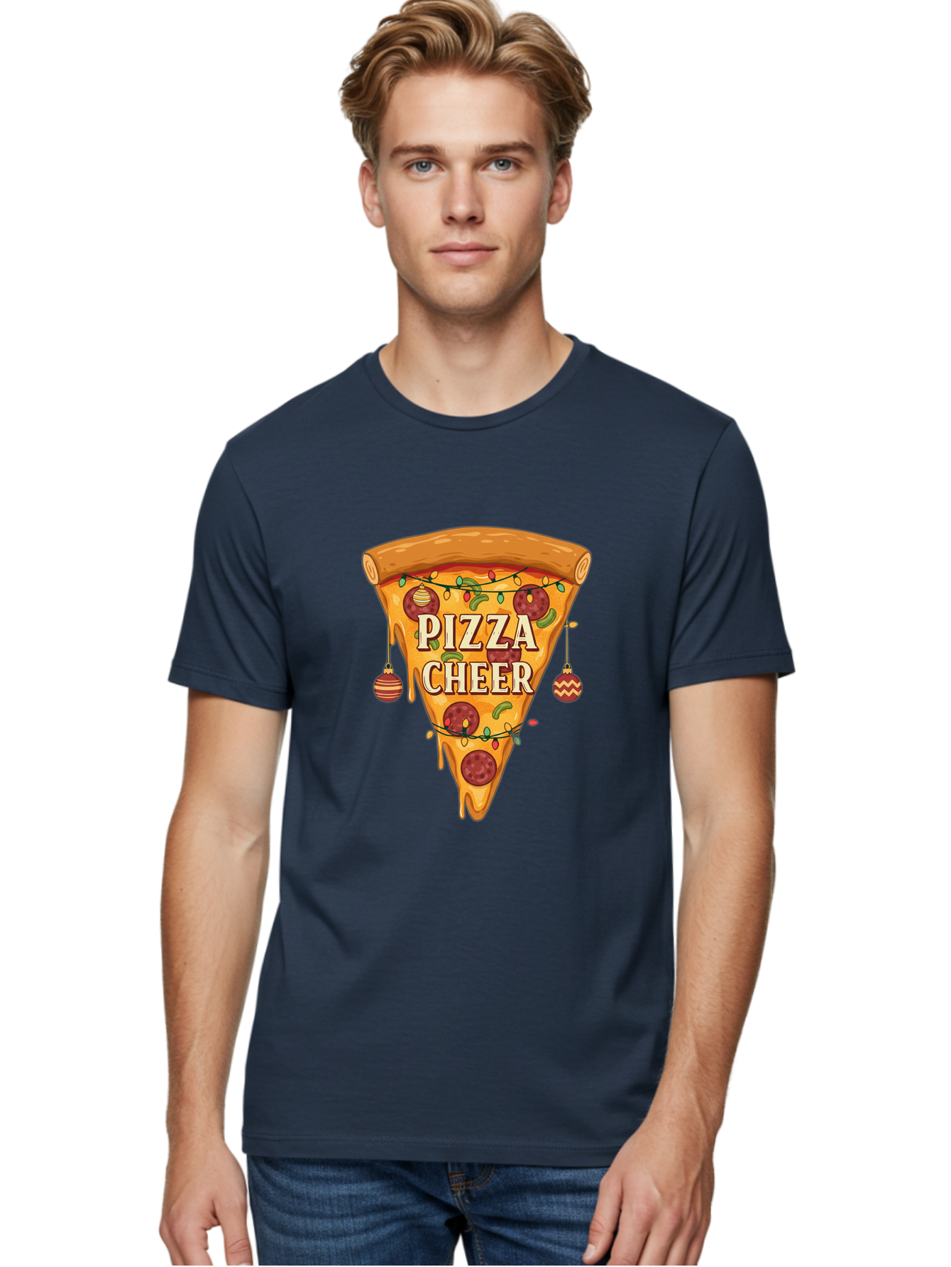 Pizza-Cheer Men'S Graphic Tee, 100% Cotton, Comfortable Casual Summer Wear, Machine Washable, Pizza Slice, Pepperoni Pizza, Christmas Decorations, Holiday Cheer, Festive Food, Delicious Pizza, Christmas Ornaments, Pizza Party, Merry Christmas Bac262