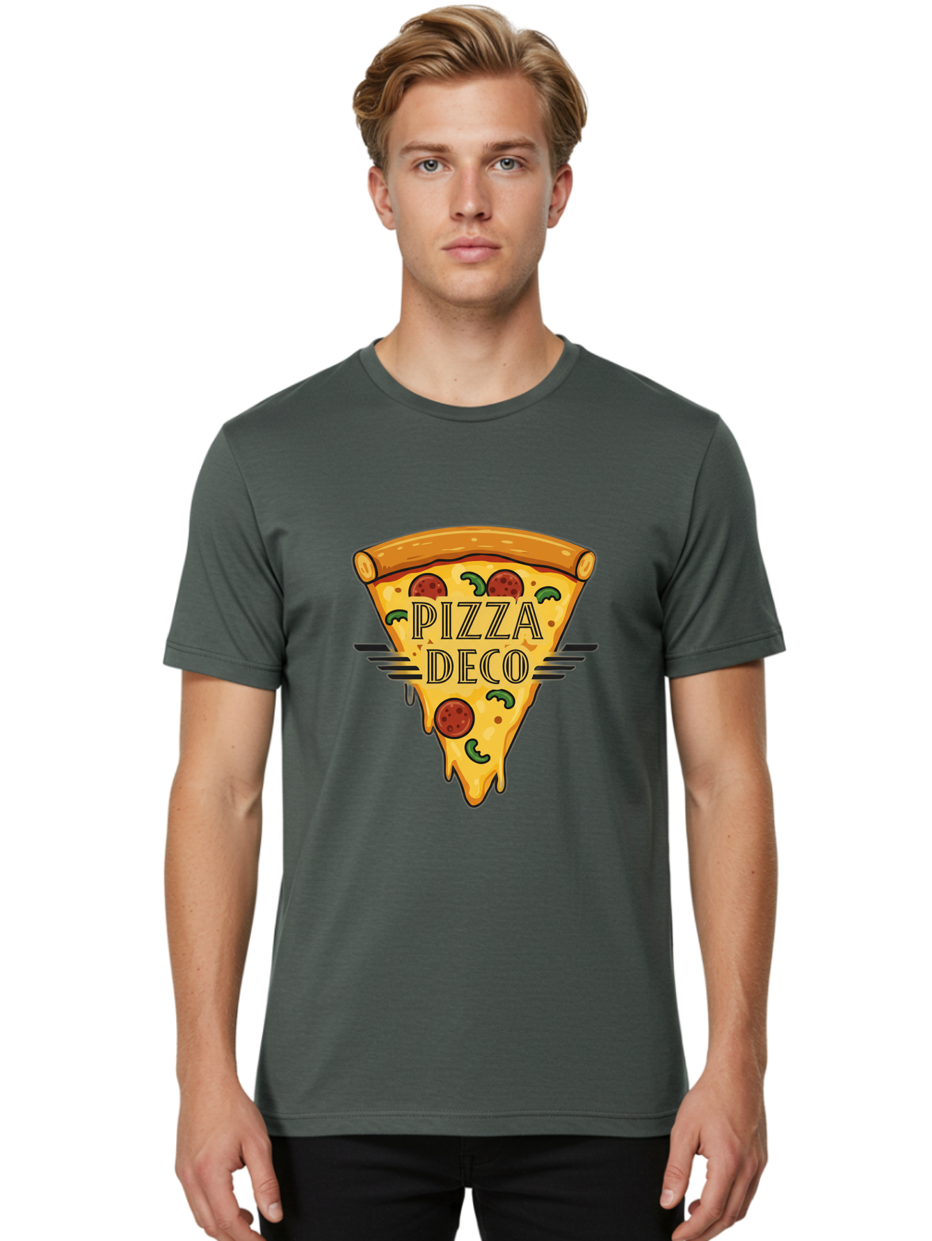 Pizza-Deco Men'S Graphic Tee, 100% Cotton, Comfortable Casual Summer Wear, Machine Washable, Pizza Slice, Melted Cheese, Pepperoni Pizza, Jalapeno Slices, Italian Food, Food Logo, Pizza Branding, Cartoon Illustration, Cheesy Goodness, Bac263