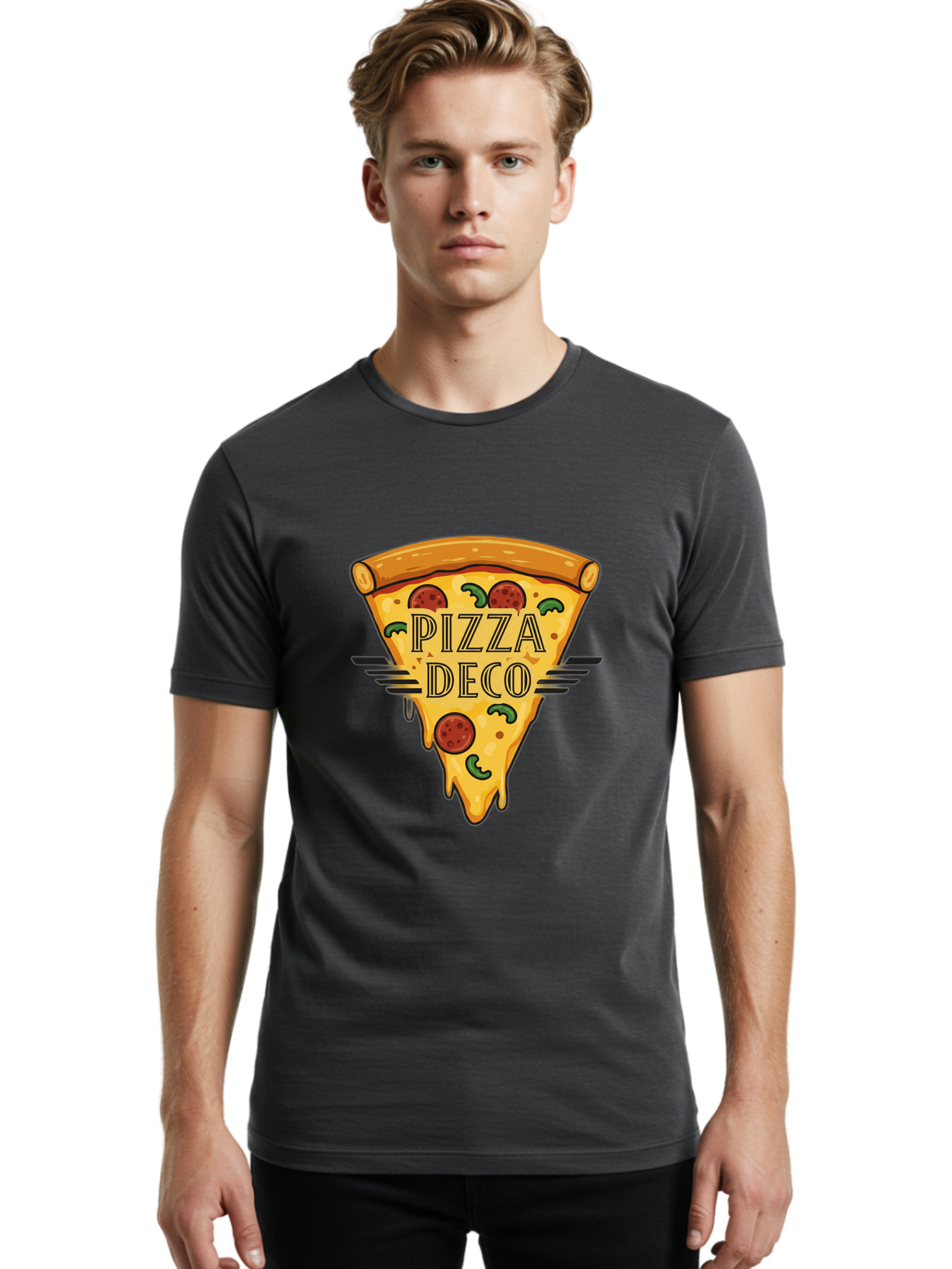 Pizza-Deco Men'S Graphic Tee, 100% Cotton, Comfortable Casual Summer Wear, Machine Washable, Pizza Slice, Melted Cheese, Pepperoni Pizza, Jalapeno Slices, Italian Food, Food Logo, Pizza Branding, Cartoon Illustration, Cheesy Goodness, Bac263