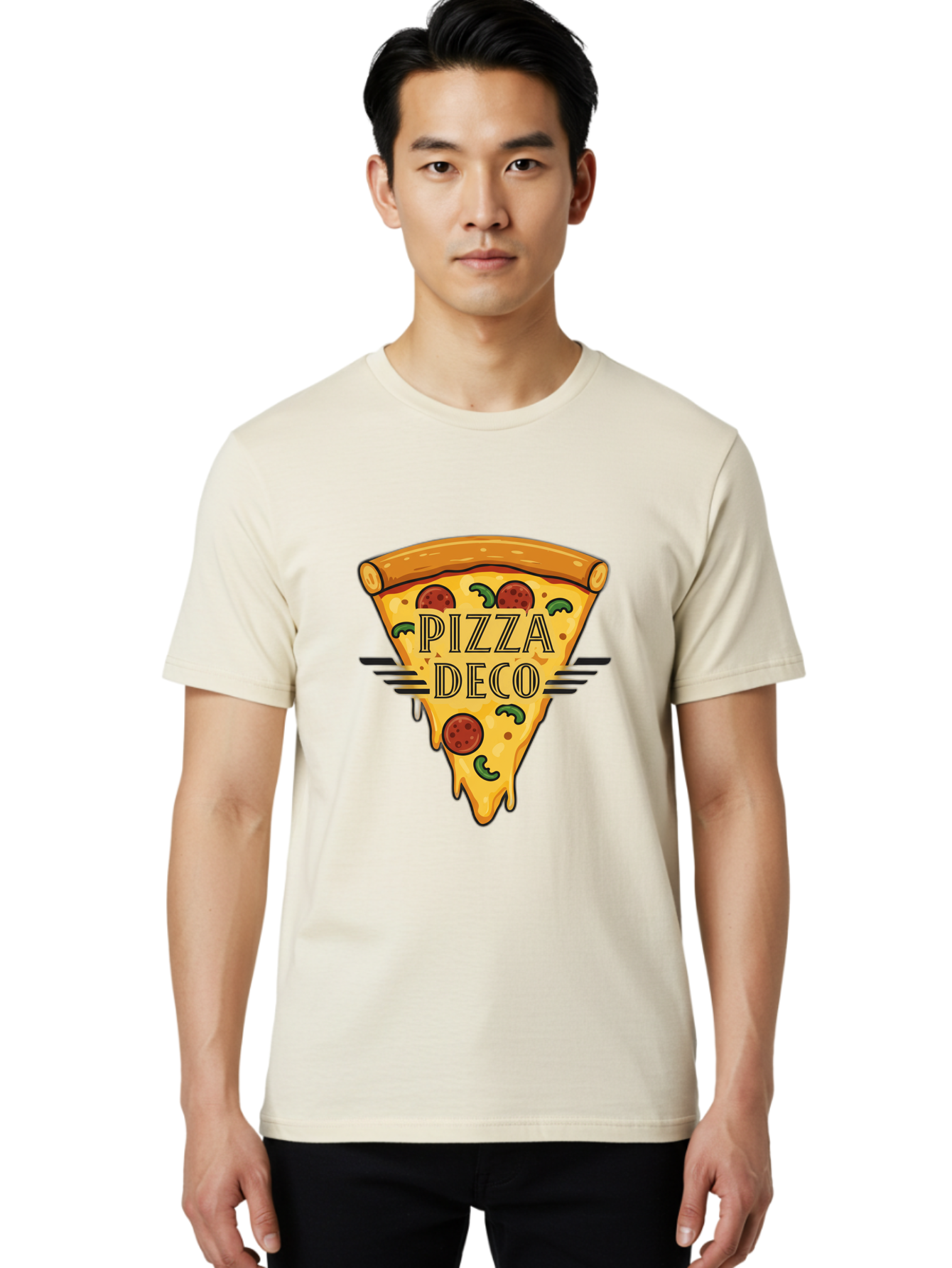 Pizza-Deco Men'S Graphic Tee, 100% Cotton, Comfortable Casual Summer Wear, Machine Washable, Pizza Slice, Melted Cheese, Pepperoni Pizza, Jalapeno Slices, Italian Food, Food Logo, Pizza Branding, Cartoon Illustration, Cheesy Goodness, Bac263