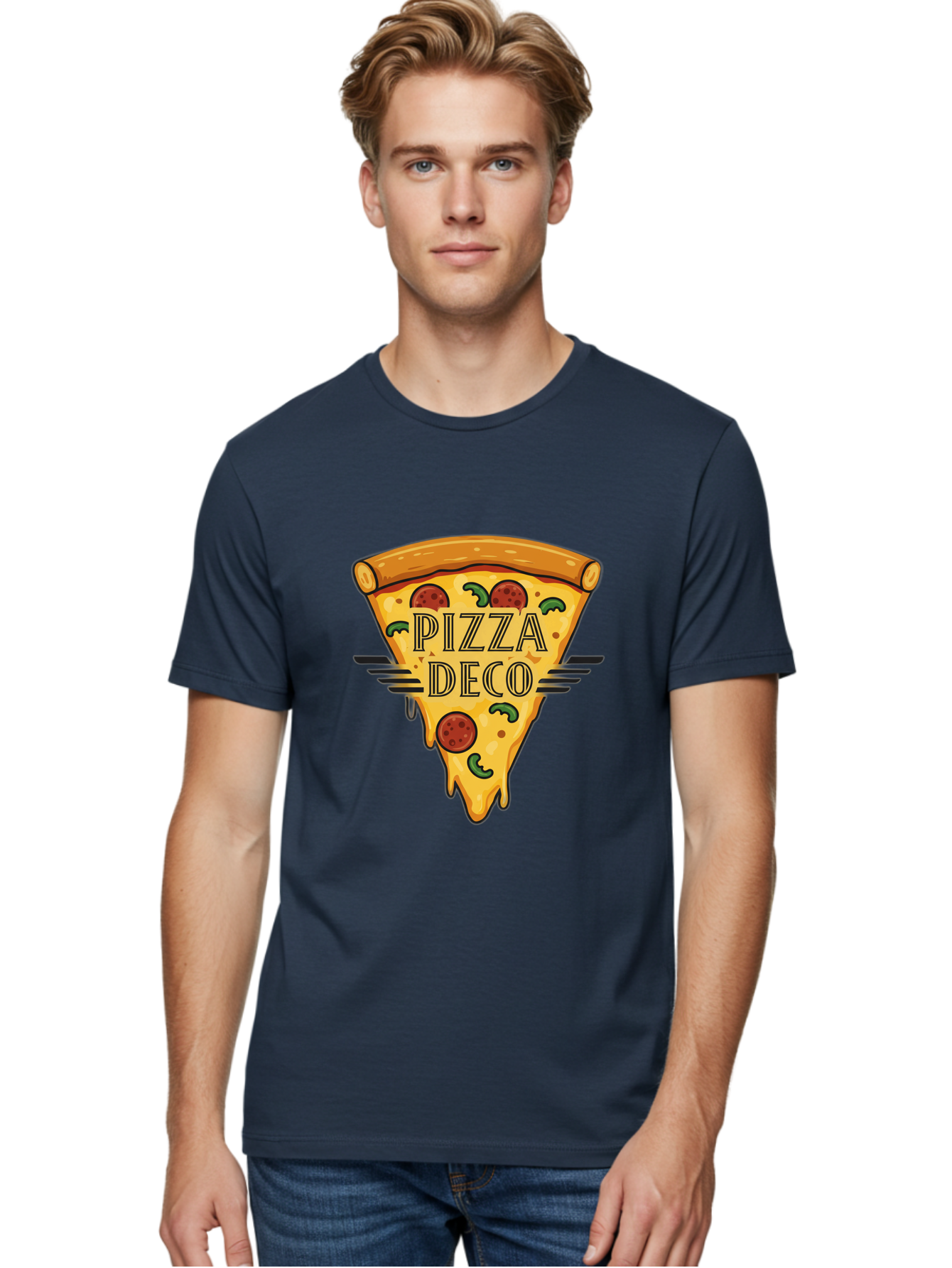 Pizza-Deco Men'S Graphic Tee, 100% Cotton, Comfortable Casual Summer Wear, Machine Washable, Pizza Slice, Melted Cheese, Pepperoni Pizza, Jalapeno Slices, Italian Food, Food Logo, Pizza Branding, Cartoon Illustration, Cheesy Goodness, Bac263