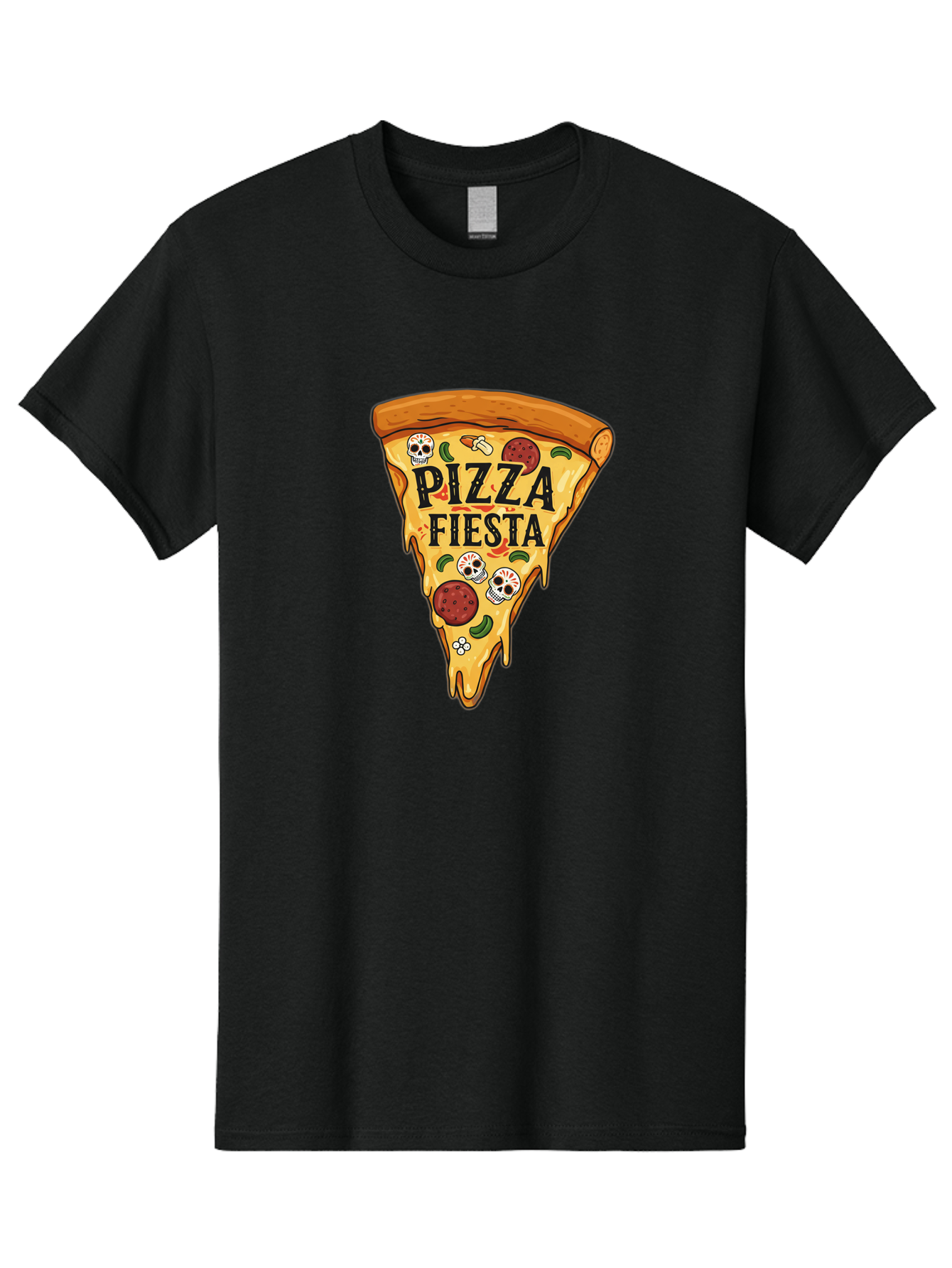 Pizza-Fiesta Men'S Graphic Tee, 100% Cotton, Comfortable Casual Summer Wear, Machine Washable, Pizza Slice, Melted Cheese, Pepperoni Topping, Jalapeno Peppers, Skull Decoration, Fiesta Theme, Cartoon Style, Savory Food, Spicy Pizza, Bac264