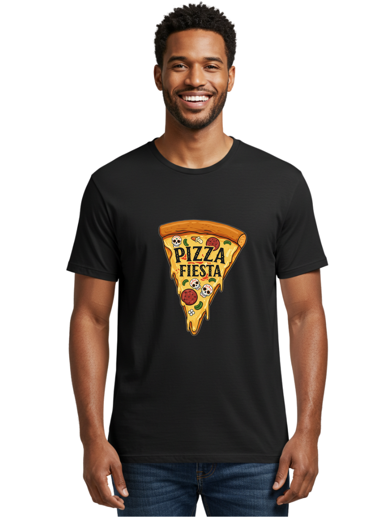 Pizza-Fiesta Men'S Graphic Tee, 100% Cotton, Comfortable Casual Summer Wear, Machine Washable, Pizza Slice, Melted Cheese, Pepperoni Topping, Jalapeno Peppers, Skull Decoration, Fiesta Theme, Cartoon Style, Savory Food, Spicy Pizza, Bac264