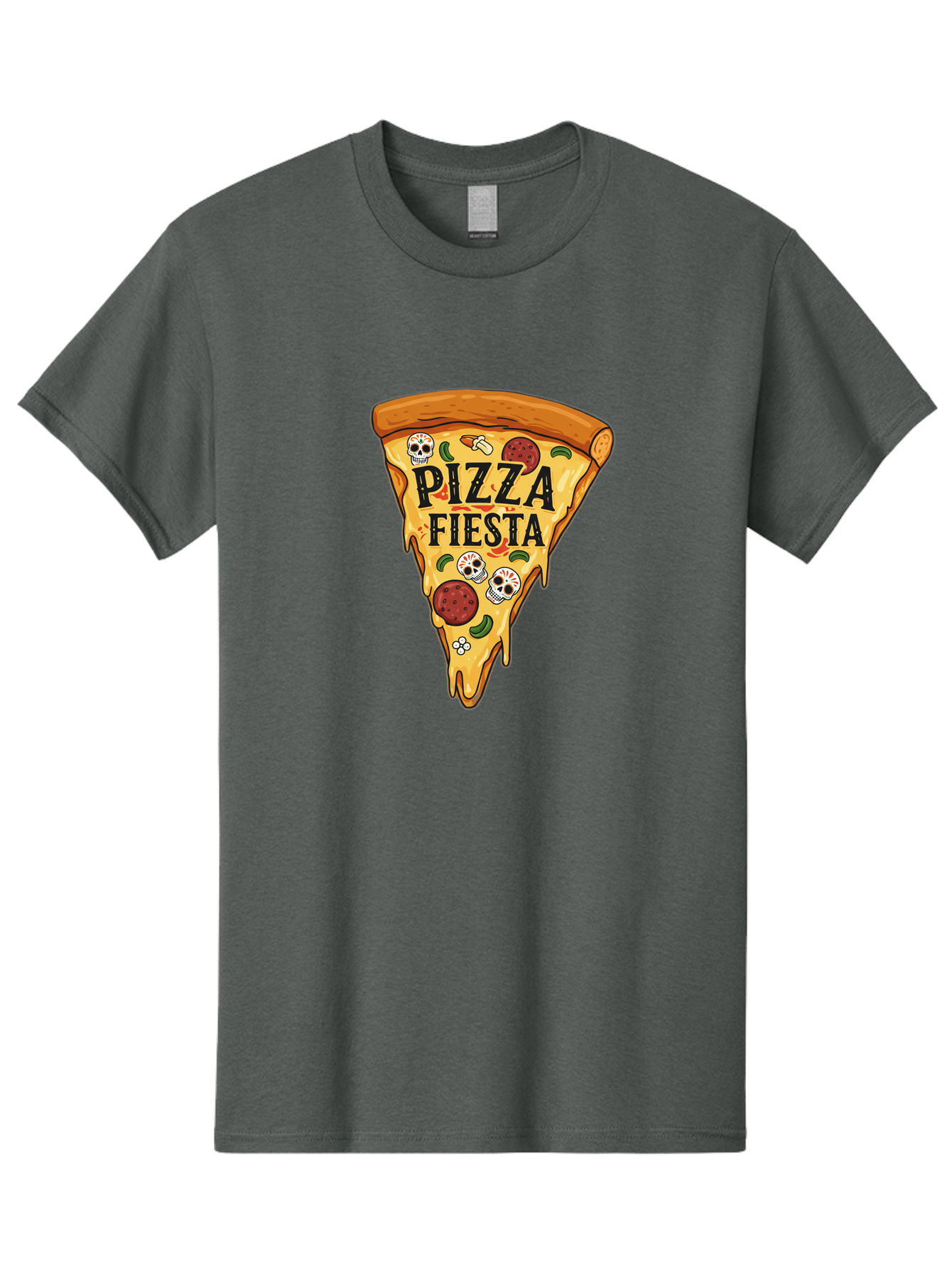 Pizza-Fiesta Men'S Graphic Tee, 100% Cotton, Comfortable Casual Summer Wear, Machine Washable, Pizza Slice, Melted Cheese, Pepperoni Topping, Jalapeno Peppers, Skull Decoration, Fiesta Theme, Cartoon Style, Savory Food, Spicy Pizza, Bac264