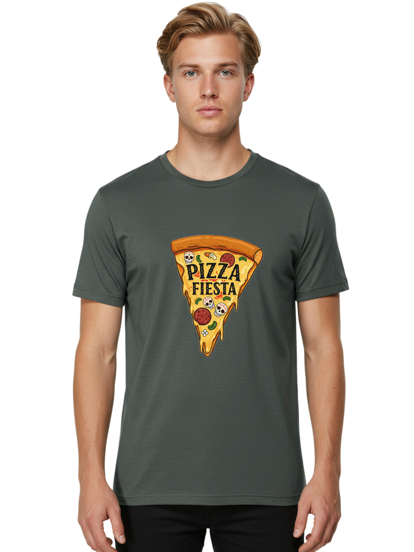Pizza-Fiesta Men'S Graphic Tee, 100% Cotton, Comfortable Casual Summer Wear, Machine Washable, Pizza Slice, Melted Cheese, Pepperoni Topping, Jalapeno Peppers, Skull Decoration, Fiesta Theme, Cartoon Style, Savory Food, Spicy Pizza, Bac264