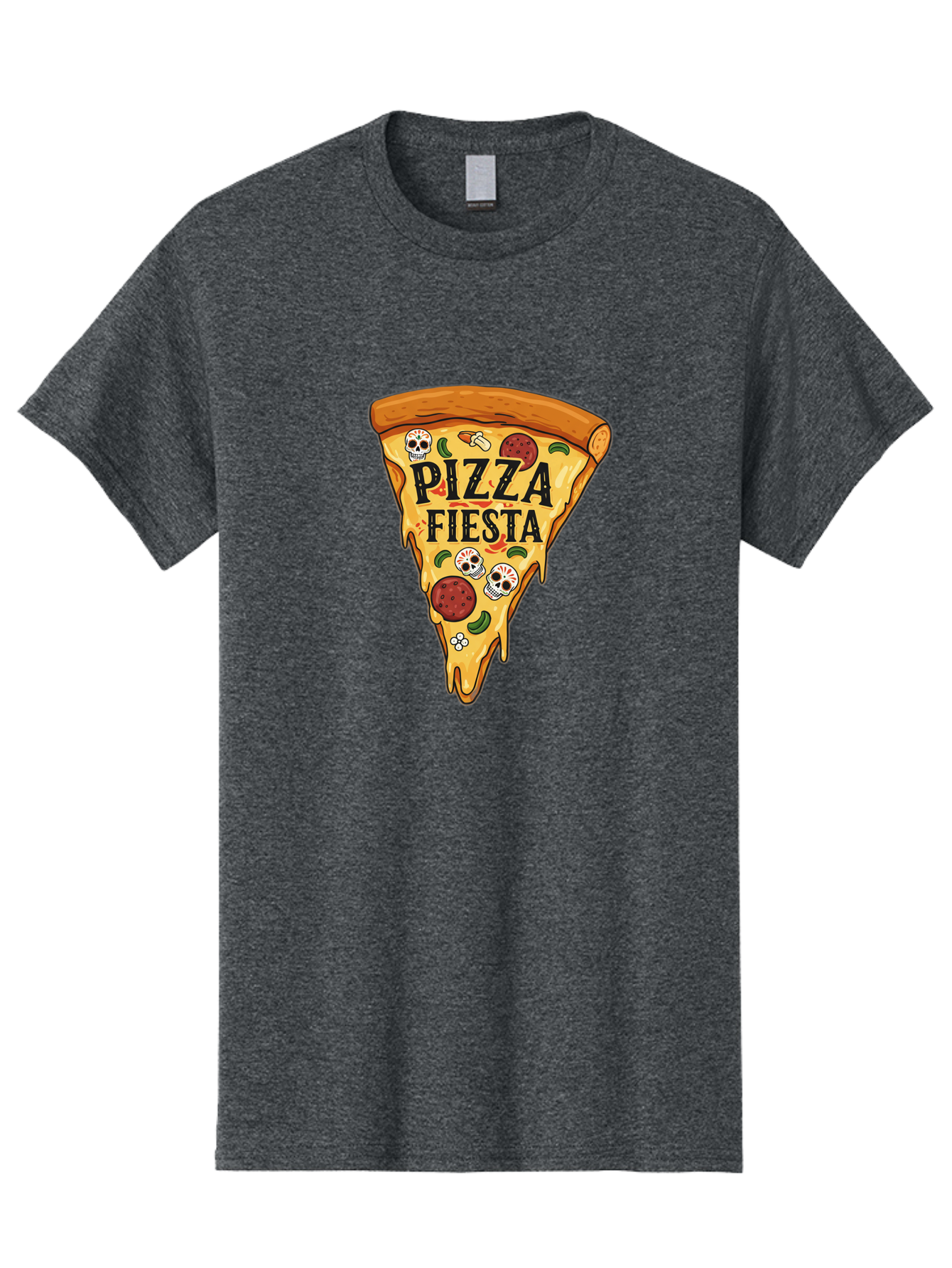 Pizza-Fiesta Men'S Graphic Tee, 100% Cotton, Comfortable Casual Summer Wear, Machine Washable, Pizza Slice, Melted Cheese, Pepperoni Topping, Jalapeno Peppers, Skull Decoration, Fiesta Theme, Cartoon Style, Savory Food, Spicy Pizza, Bac264