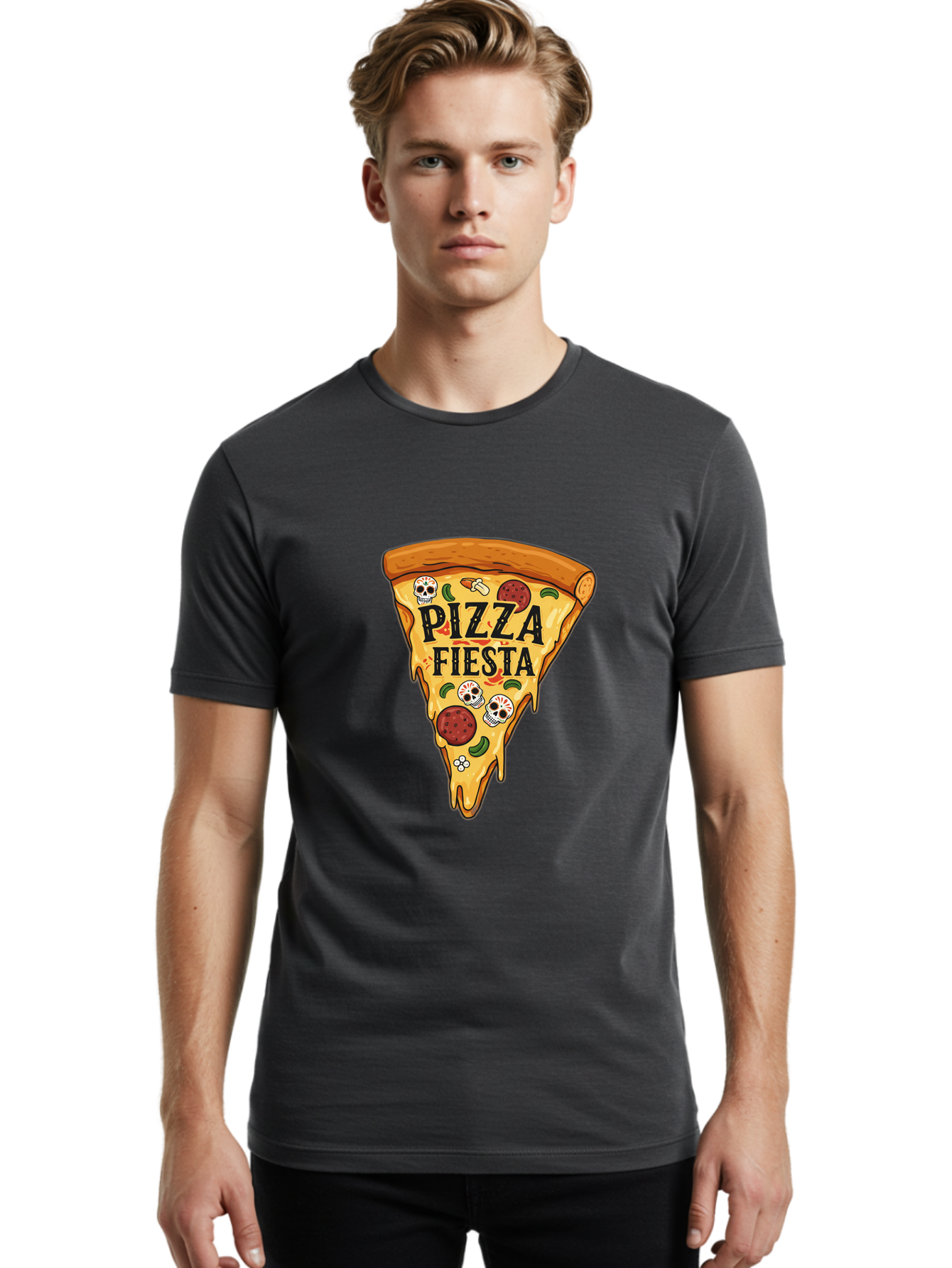 Pizza-Fiesta Men'S Graphic Tee, 100% Cotton, Comfortable Casual Summer Wear, Machine Washable, Pizza Slice, Melted Cheese, Pepperoni Topping, Jalapeno Peppers, Skull Decoration, Fiesta Theme, Cartoon Style, Savory Food, Spicy Pizza, Bac264