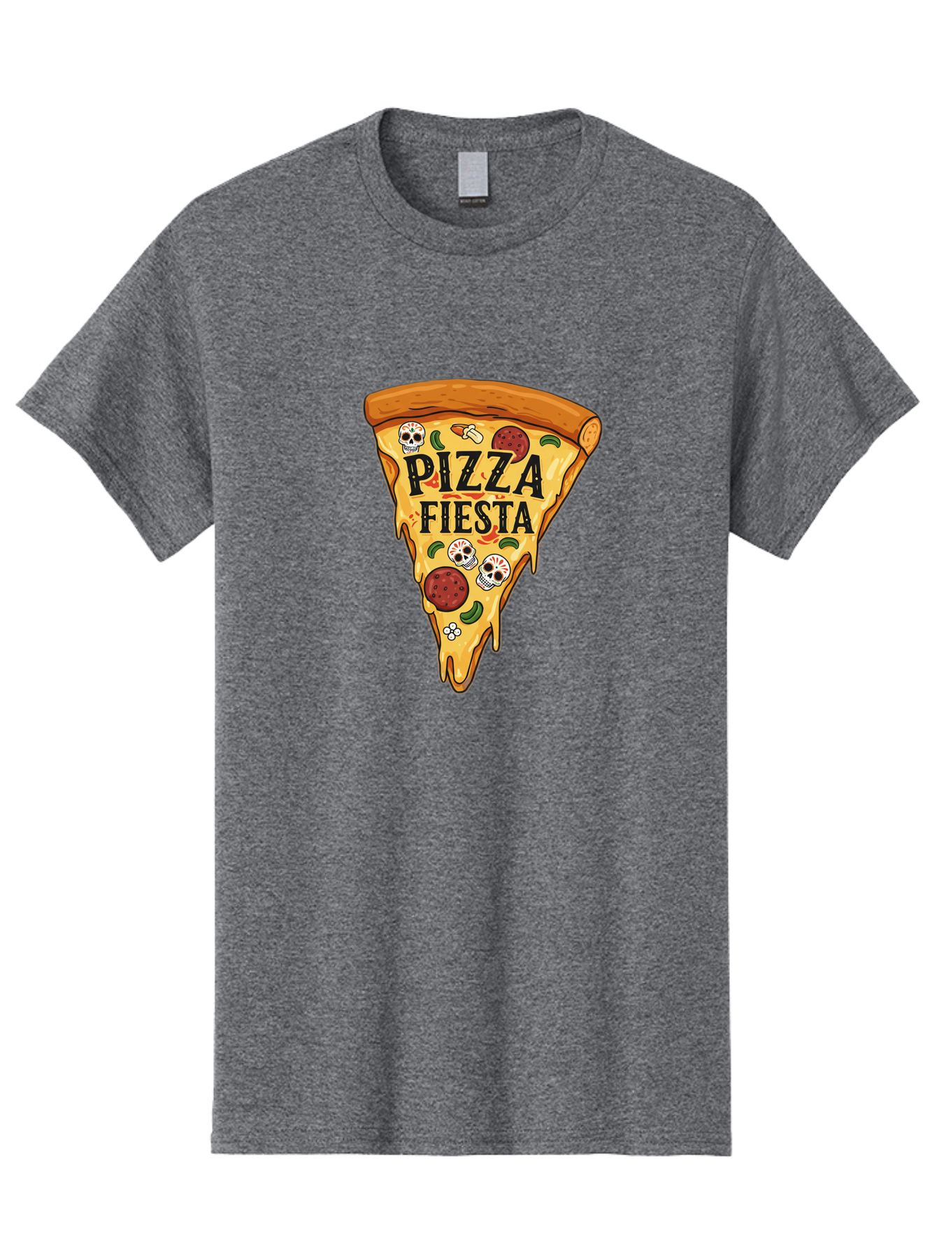 Pizza-Fiesta Men'S Graphic Tee, 100% Cotton, Comfortable Casual Summer Wear, Machine Washable, Pizza Slice, Melted Cheese, Pepperoni Topping, Jalapeno Peppers, Skull Decoration, Fiesta Theme, Cartoon Style, Savory Food, Spicy Pizza, Bac264