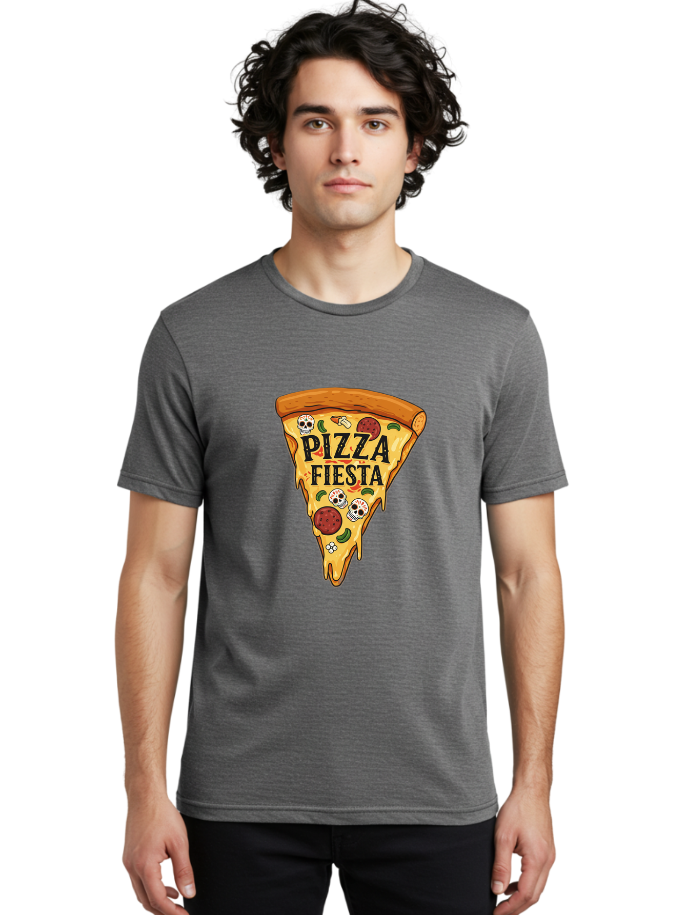 Pizza-Fiesta Men'S Graphic Tee, 100% Cotton, Comfortable Casual Summer Wear, Machine Washable, Pizza Slice, Melted Cheese, Pepperoni Topping, Jalapeno Peppers, Skull Decoration, Fiesta Theme, Cartoon Style, Savory Food, Spicy Pizza, Bac264