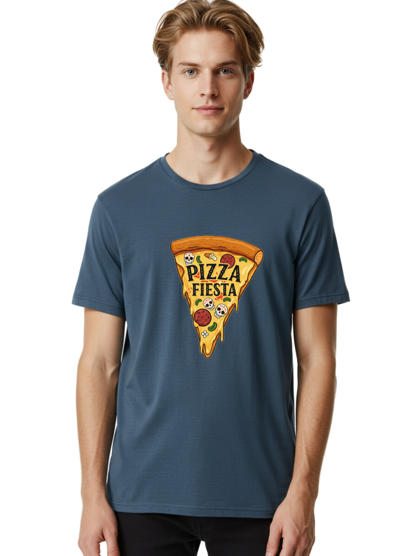 Pizza-Fiesta Men'S Graphic Tee, 100% Cotton, Comfortable Casual Summer Wear, Machine Washable, Pizza Slice, Melted Cheese, Pepperoni Topping, Jalapeno Peppers, Skull Decoration, Fiesta Theme, Cartoon Style, Savory Food, Spicy Pizza, Bac264