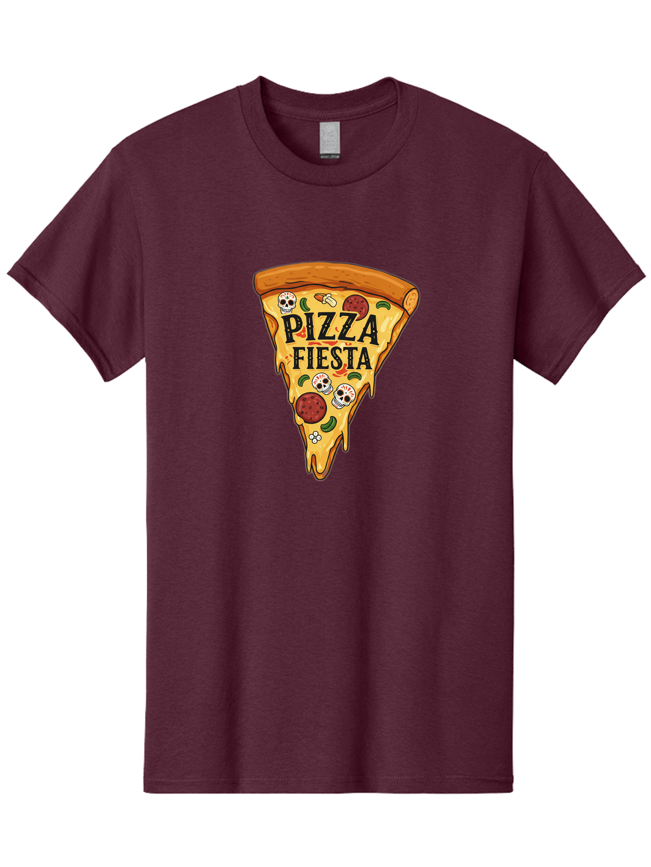 Pizza-Fiesta Men'S Graphic Tee, 100% Cotton, Comfortable Casual Summer Wear, Machine Washable, Pizza Slice, Melted Cheese, Pepperoni Topping, Jalapeno Peppers, Skull Decoration, Fiesta Theme, Cartoon Style, Savory Food, Spicy Pizza, Bac264