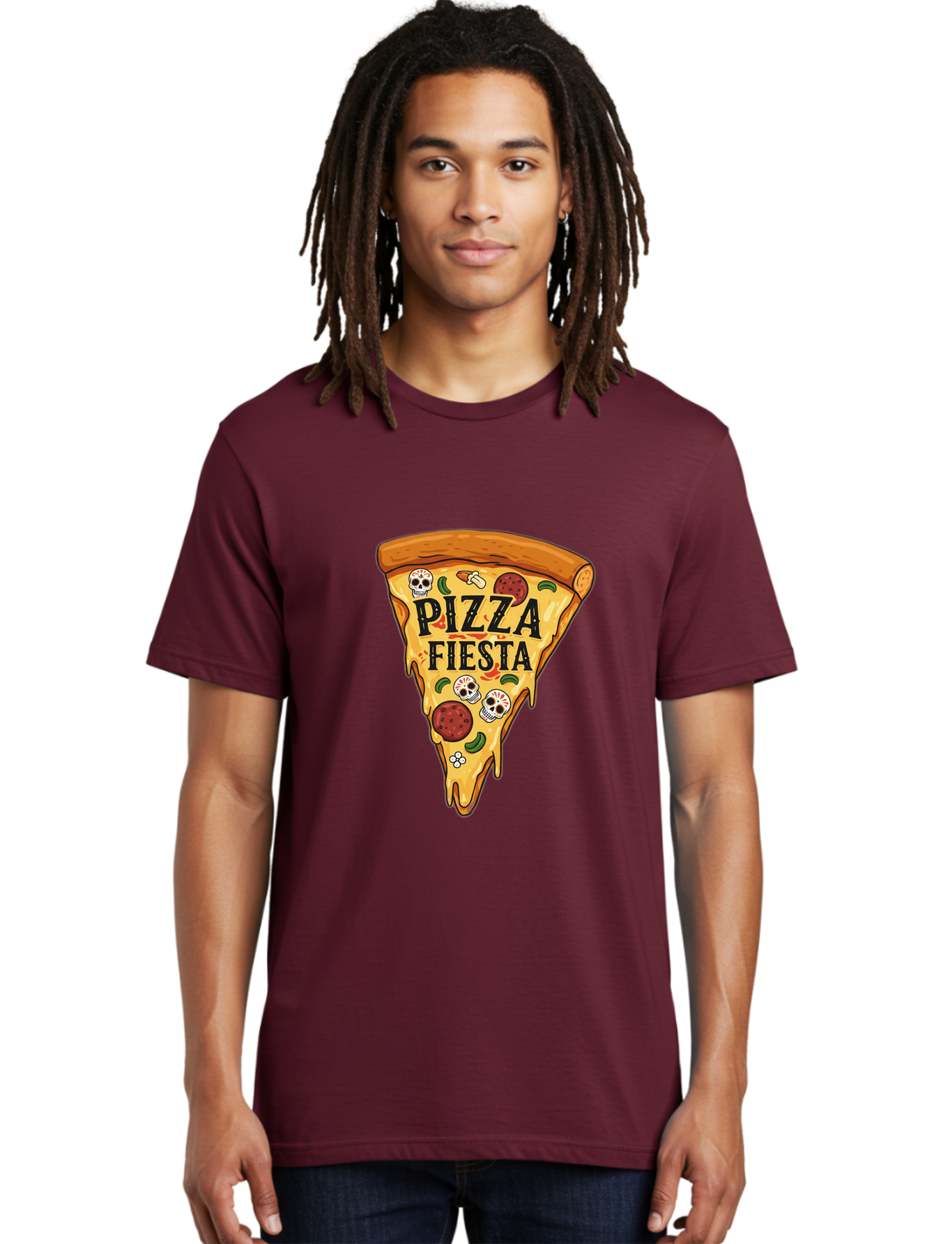 Pizza-Fiesta Men'S Graphic Tee, 100% Cotton, Comfortable Casual Summer Wear, Machine Washable, Pizza Slice, Melted Cheese, Pepperoni Topping, Jalapeno Peppers, Skull Decoration, Fiesta Theme, Cartoon Style, Savory Food, Spicy Pizza, Bac264