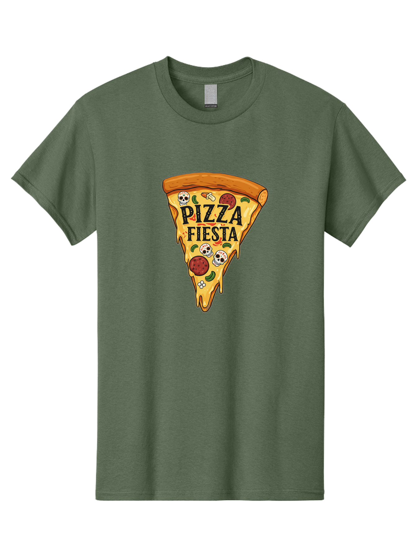 Pizza-Fiesta Men'S Graphic Tee, 100% Cotton, Comfortable Casual Summer Wear, Machine Washable, Pizza Slice, Melted Cheese, Pepperoni Topping, Jalapeno Peppers, Skull Decoration, Fiesta Theme, Cartoon Style, Savory Food, Spicy Pizza, Bac264