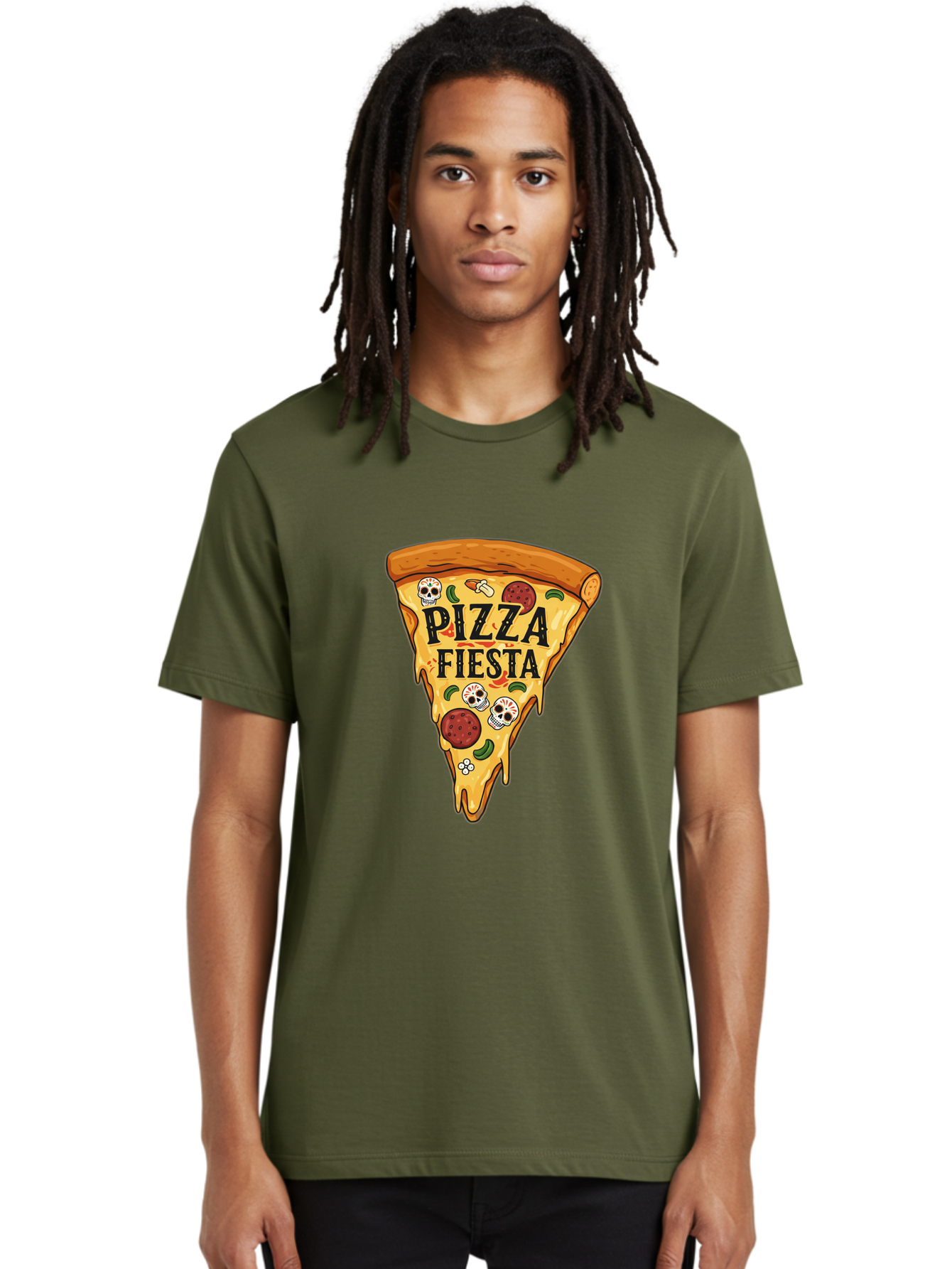 Pizza-Fiesta Men'S Graphic Tee, 100% Cotton, Comfortable Casual Summer Wear, Machine Washable, Pizza Slice, Melted Cheese, Pepperoni Topping, Jalapeno Peppers, Skull Decoration, Fiesta Theme, Cartoon Style, Savory Food, Spicy Pizza, Bac264
