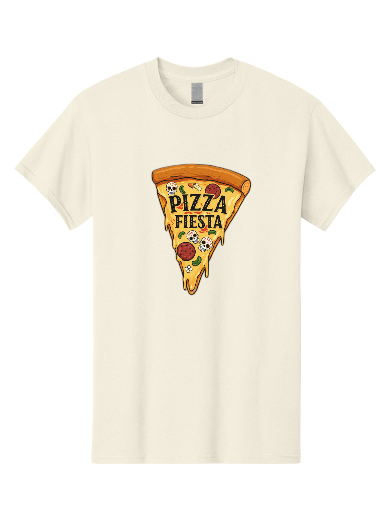 Pizza-Fiesta Men'S Graphic Tee, 100% Cotton, Comfortable Casual Summer Wear, Machine Washable, Pizza Slice, Melted Cheese, Pepperoni Topping, Jalapeno Peppers, Skull Decoration, Fiesta Theme, Cartoon Style, Savory Food, Spicy Pizza, Bac264